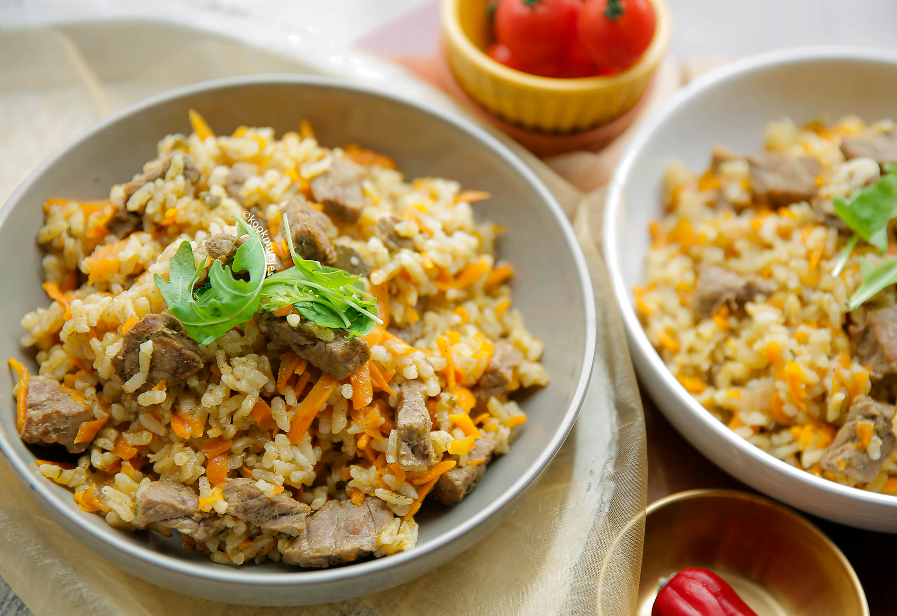 Rijst met kalfsvlees en wortel