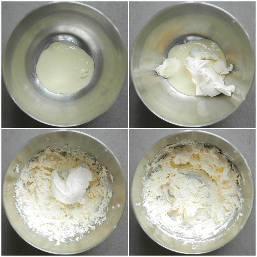 Doe de witte chocolade samen met de helft van de mascarpone in een diepe kom. Mix een minuut. Voeg de overige mascarpone, suiker, vanillesuiker en klopfix toe. Mix weer een minuut. Voeg en mix de ongeklopte slagroom een beetje bij beetje toe totdat het goed stijf is.