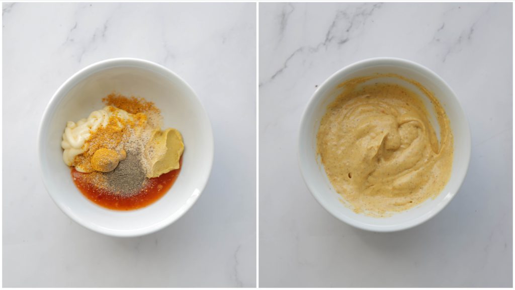 Doe de mayonaise samen met de chilisaus, mosterd, sambal, ras el hanout, knoflookpoeder en zwarte peper in een kom. Meng goed tot een gladde massa.