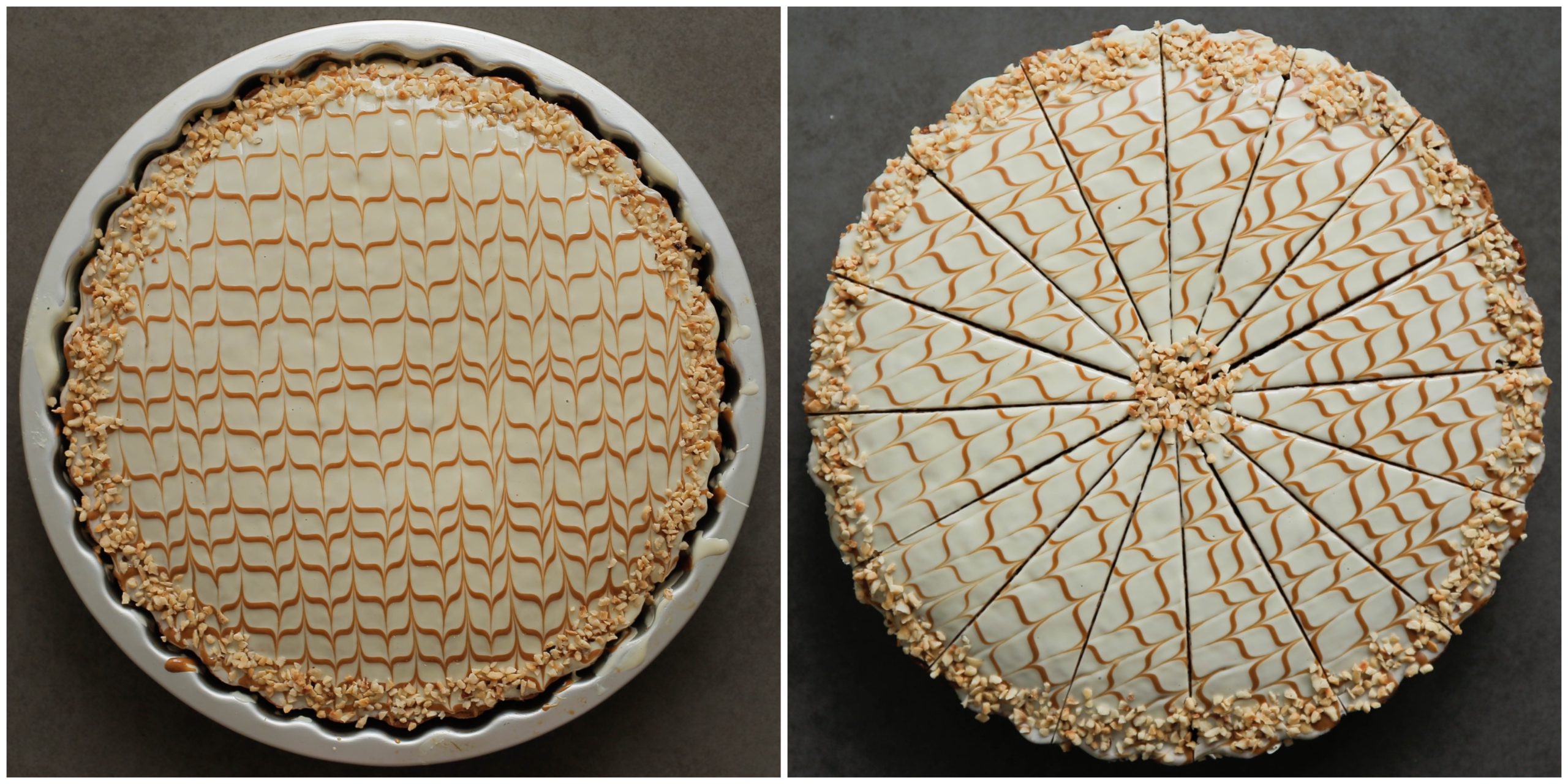 Speculaascake garneren met amandelstukjes en aansnijden