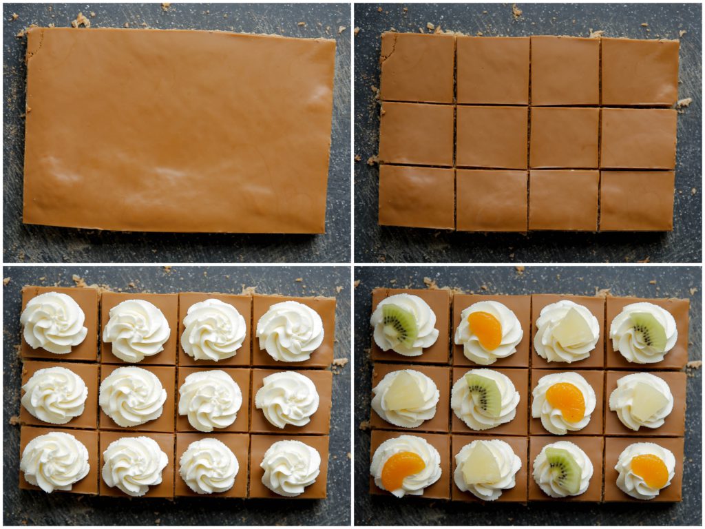 Snijd de speculaaskoek in mooie stukken. Spuit een toefje slagroom erop en garneer met fruit.