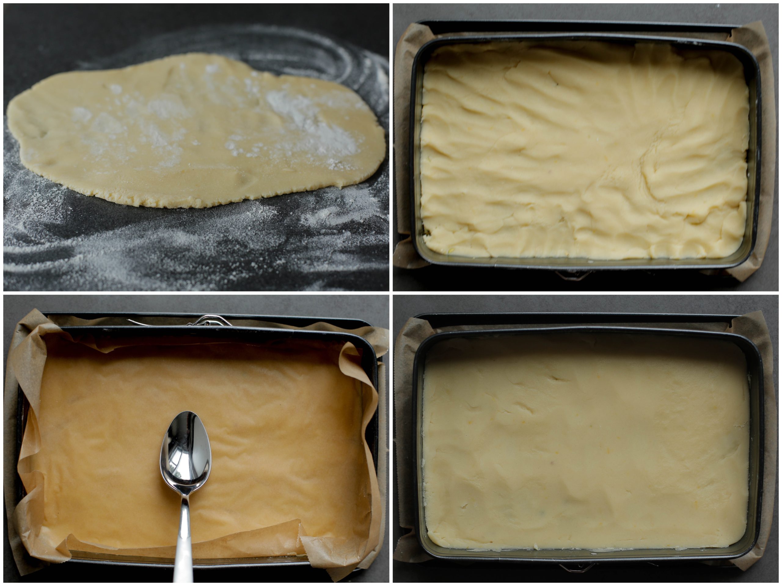 Tweede laag koekjesdeeg over het pistachemengsel en koekjesdeeg glad strijken