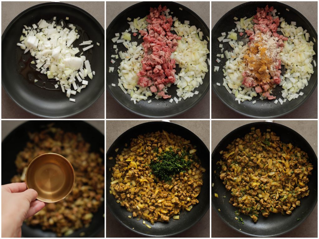 Verhit de olijfolie in een pan op middelhoog vuur. Voeg de gele ui toe en bak 3-4 minuten. Voeg het vlees, zout, de komijn, ras el hanout, knoflookpoeder en korianderpoeder toe. Bak 2 minuten. Voeg het water en peterselie toe. Kook 4-5 minuten of tot de saus goed indikt. Laat dit afkoelen.