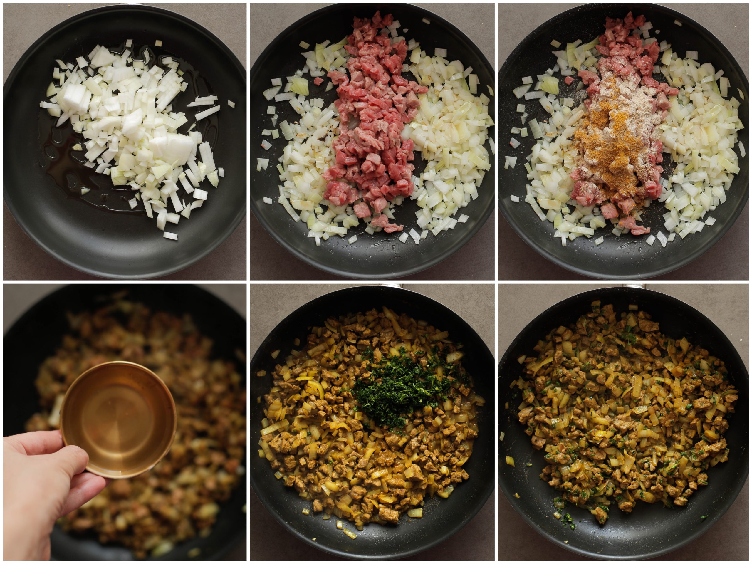 Vlees gaar bakken met groenten en kruiden in een koekenpan