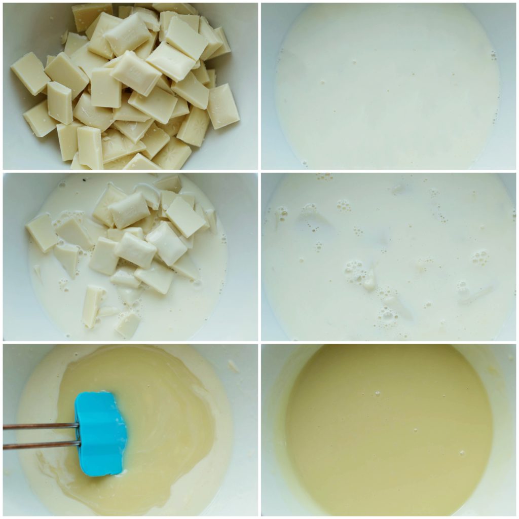 Breng de ongeklopte slagroom (125 ml) in een steelpan tot tegen de kook aan. Haal de steelpan van het vuur en voeg de stukgemaakte witte chocolade toe (300 gram). Laat het staan voor een minuut. Na een minuut roer je deze tot een gladde massa.