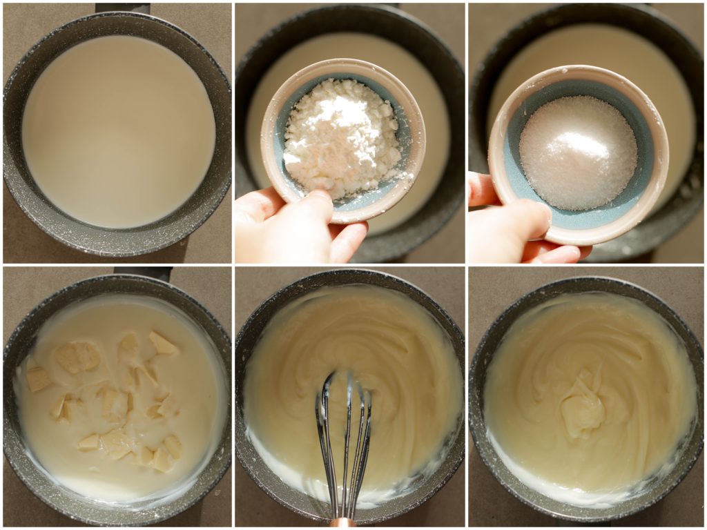 Breek de witte chocolade (150 gr) in stukken. Breng de melk samen met de maïzena, vanillesuiker en suiker in een pan al roerend aan de kook. Wanneer het dikkig aanvoelt, zet je het vuur uit. Voeg de witte chocolade toe en laat een minuut staan. Meng goed.