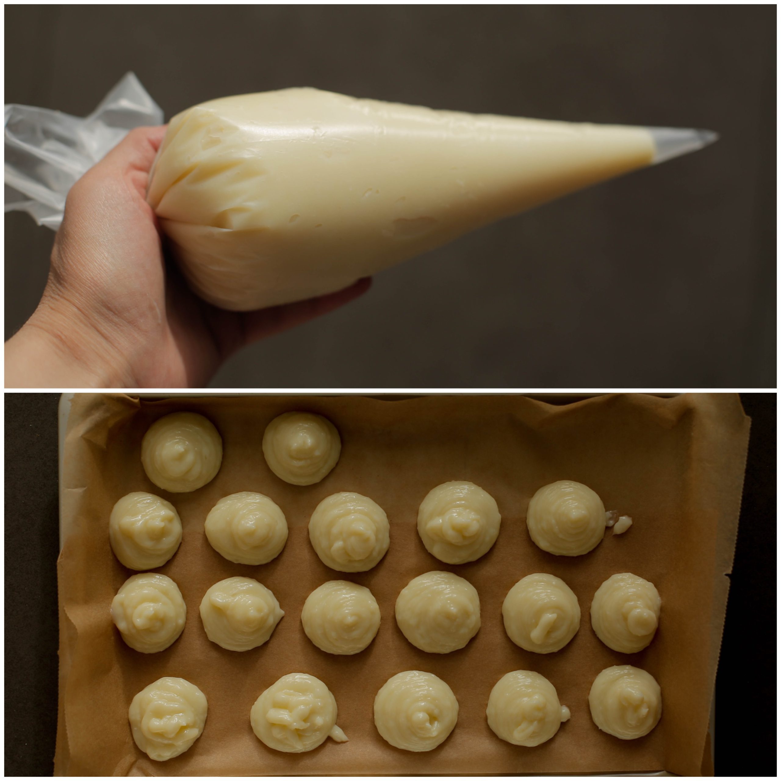 Witte chocoladevulling in een spuitzak en bolletjes op een bakplaat met bakpapier