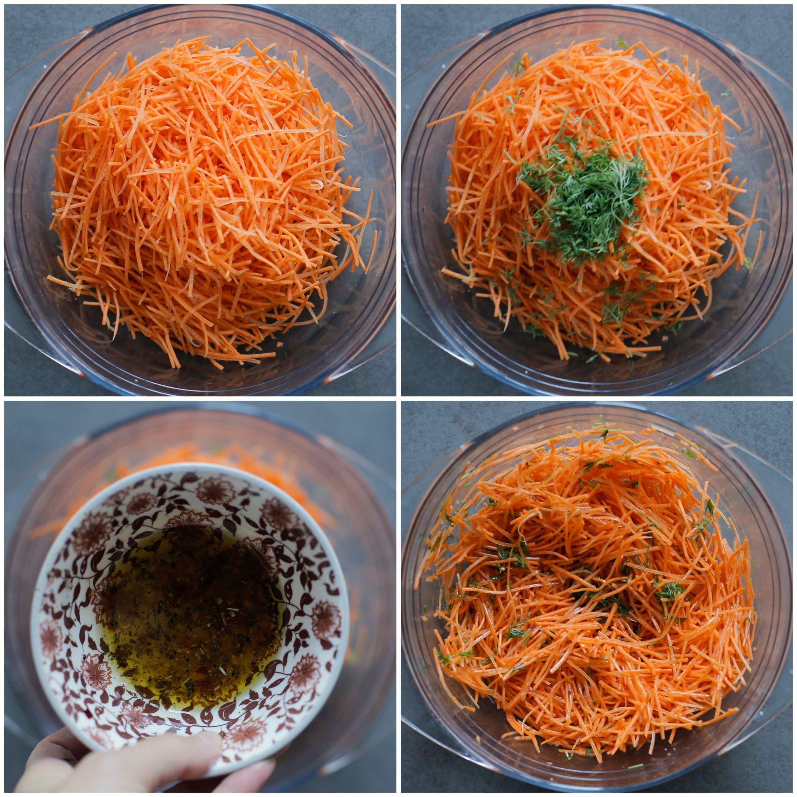 Wortel mengen met dressing in een diepe kom