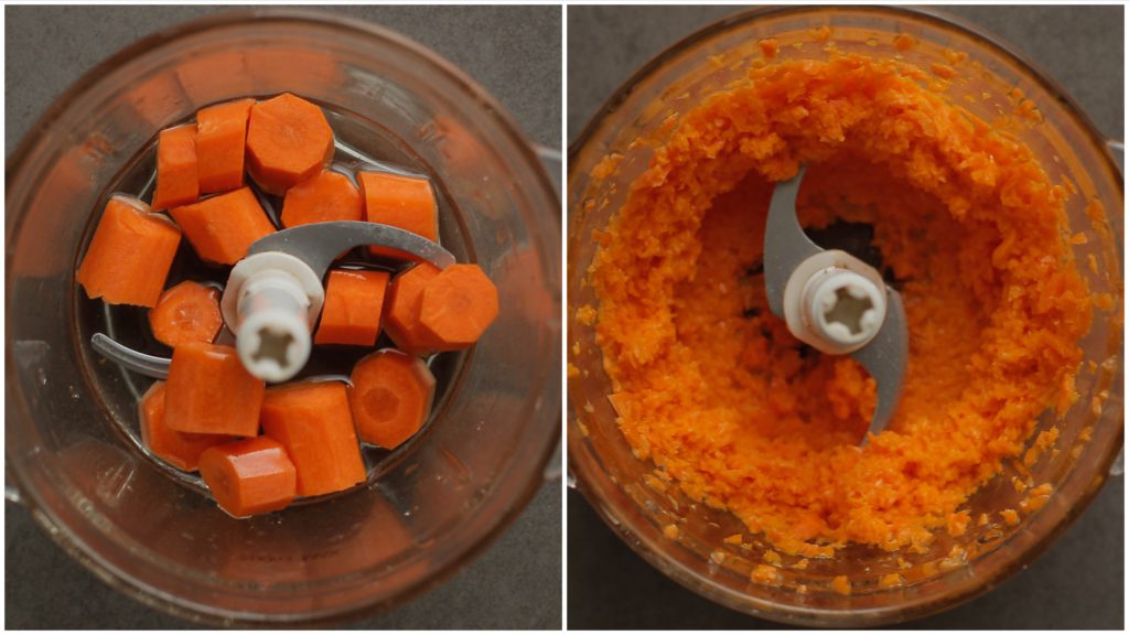 Schil en snijd de wortel in stukken. Doe de wortel en zonnebloemolie in een hakmolen. Mix fijn.