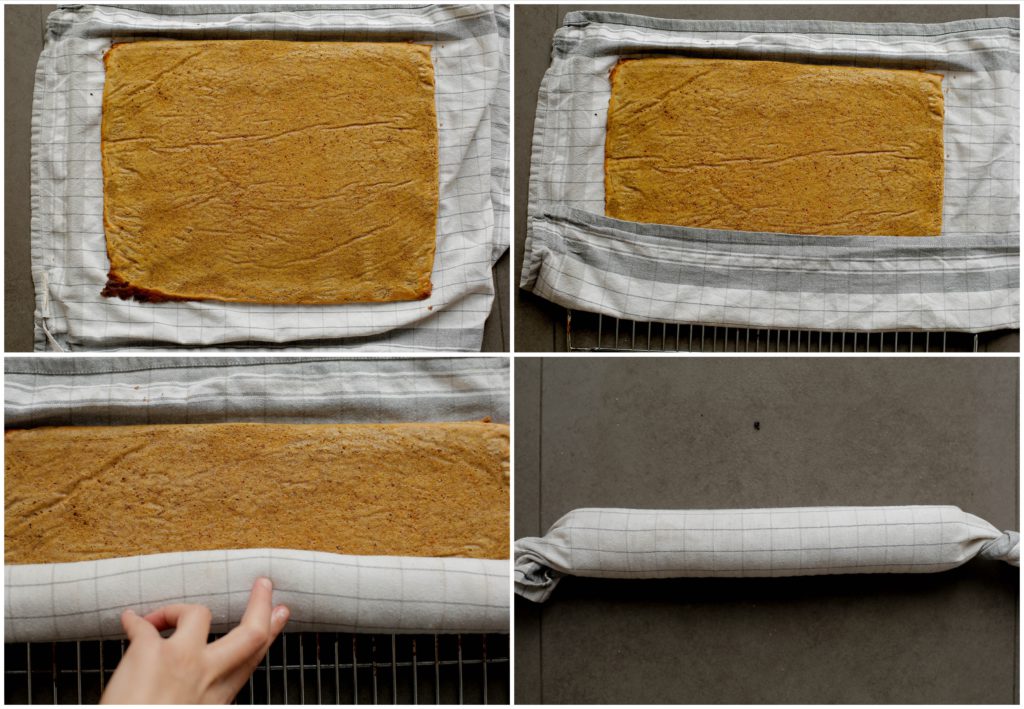 Rol de wortelcake in met behulp van een vochtige theedoek of bakpapier. Leg de cake even weg in de koelkast (30 minuten - mag ook langer).