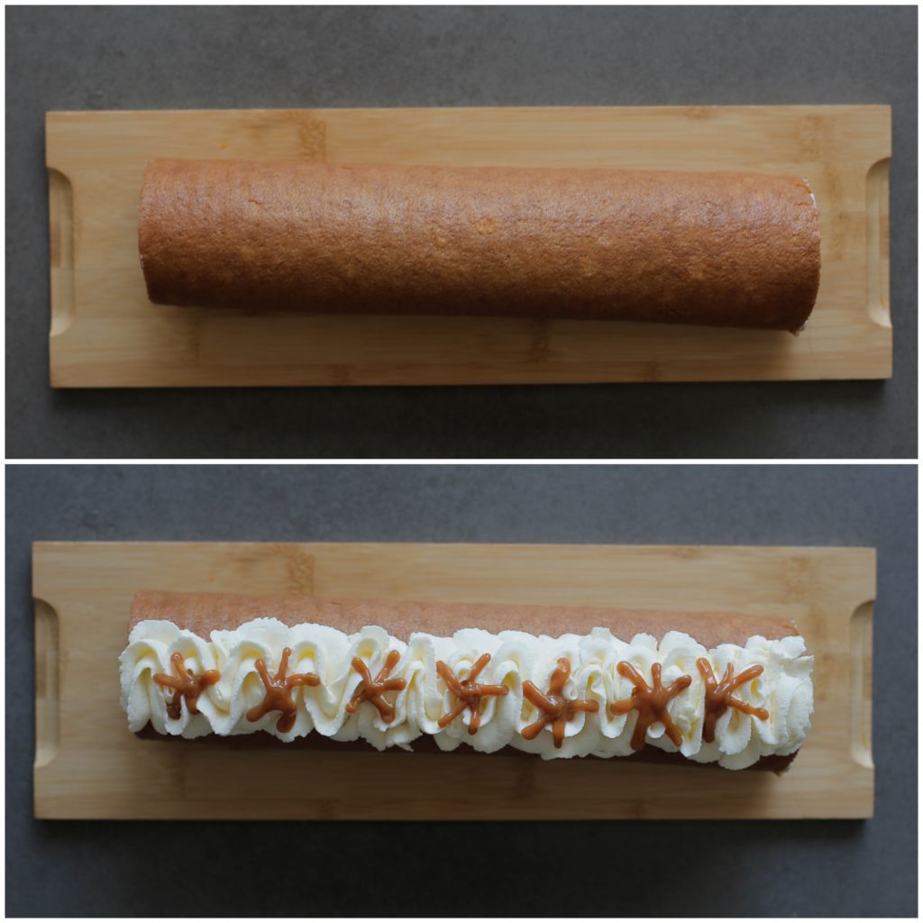 Doe de overige room in een spuitzak (vergeet het spuitmondje niet). Spuit er een mooi toefje room op. Garneer met karamel, stukjes walnoten en suikerworteltjes.