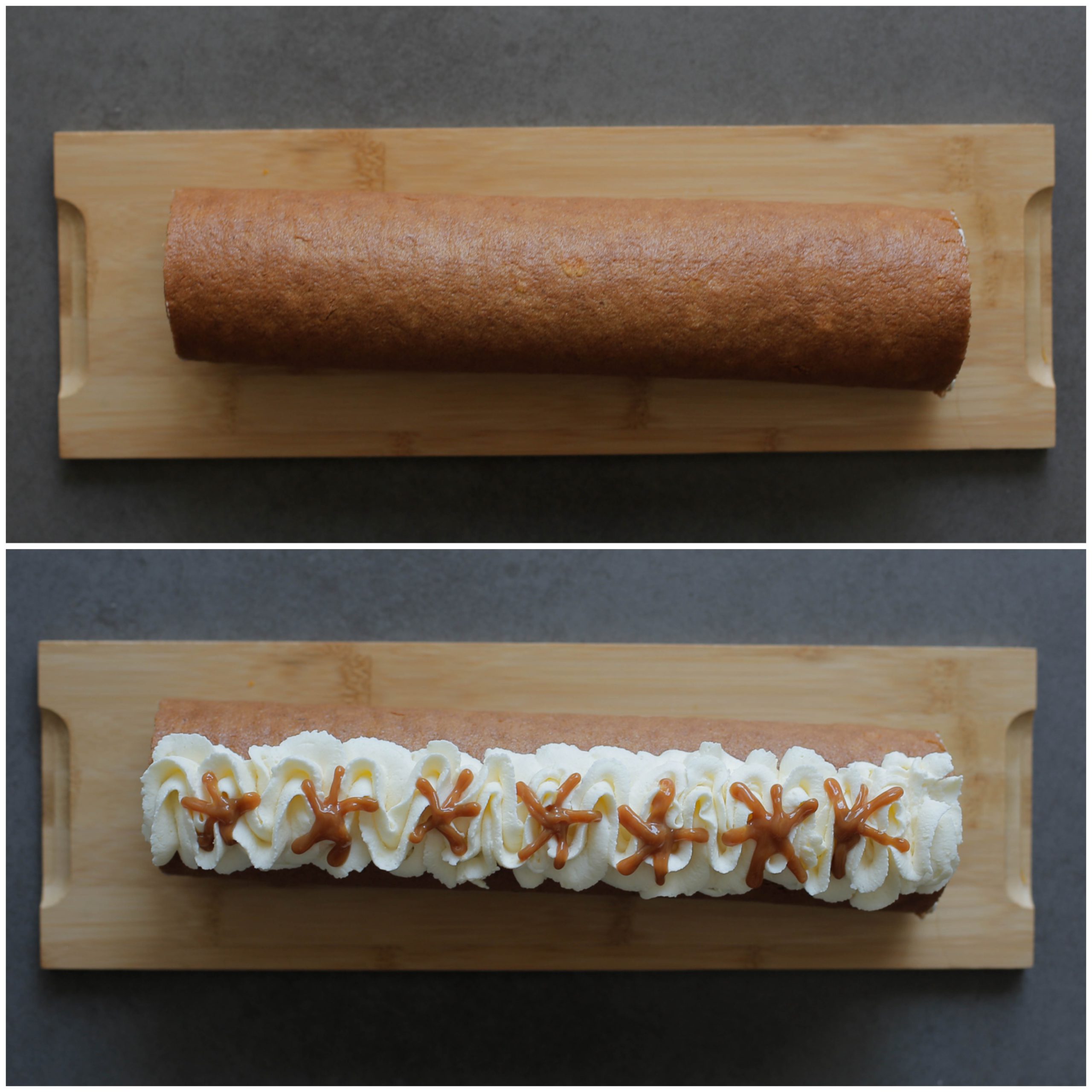 Wortelrolcake garneren met room en karamel