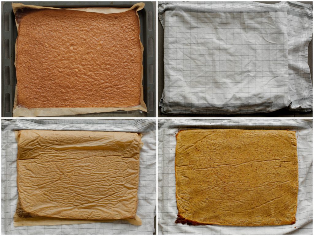 Haal de wortelcake uit de oven en leg er een vochtige theedoek op. Kiep de bakplaat om. Verwijder de bakpapier.