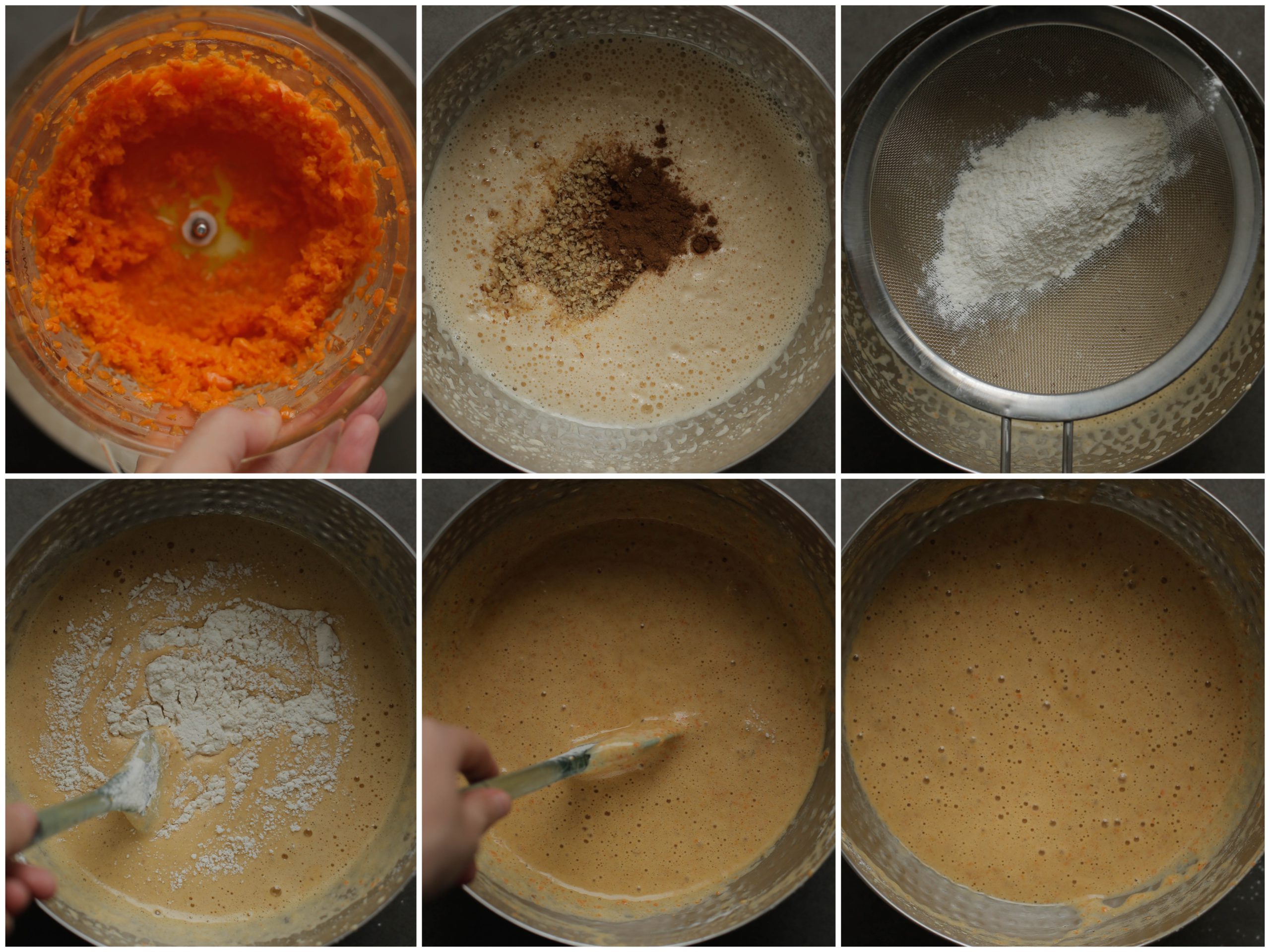 Wortelrolcakebeslag mengen tot een luchtige massa in een kom