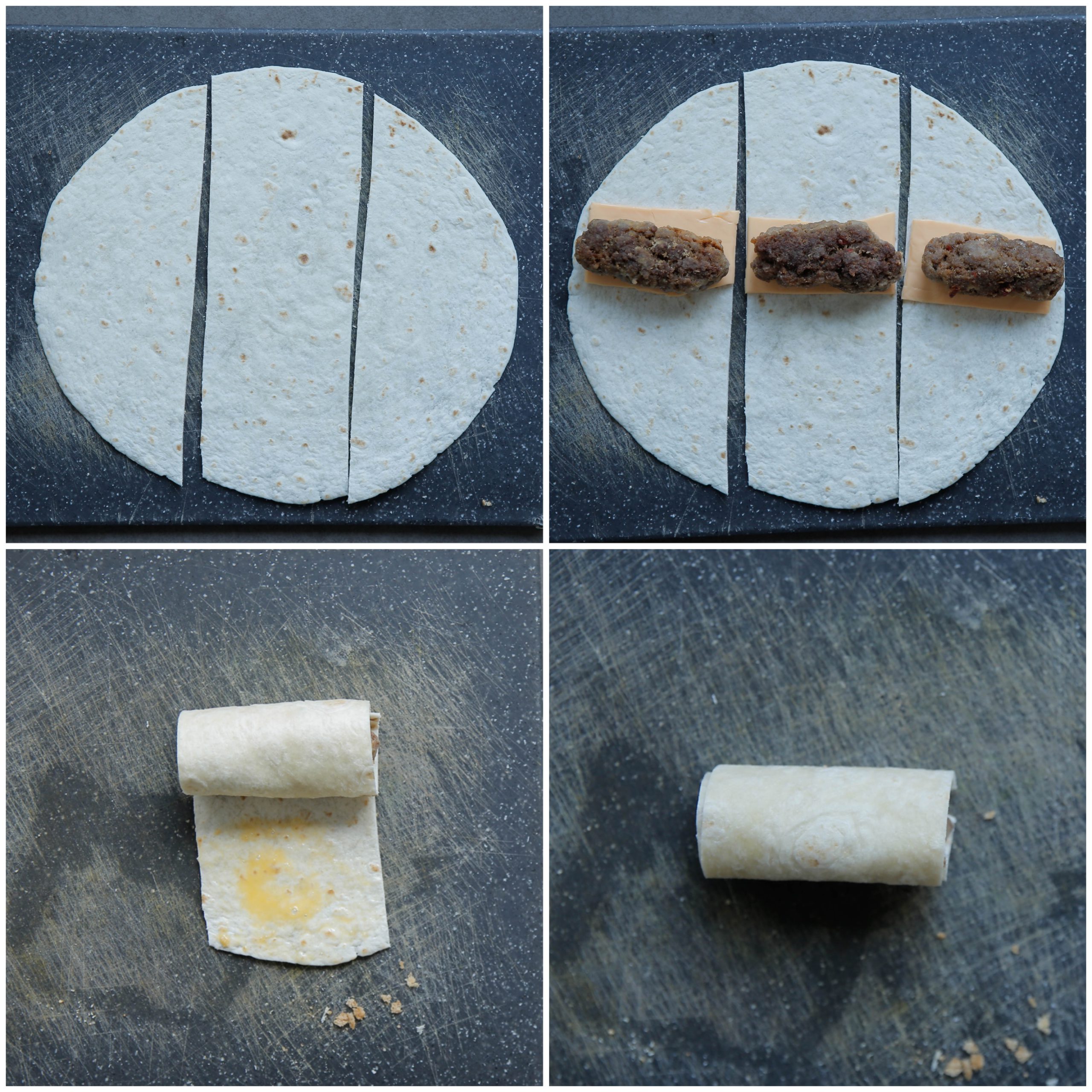 Wraps gevuld met gehakt en cheddar inrollen