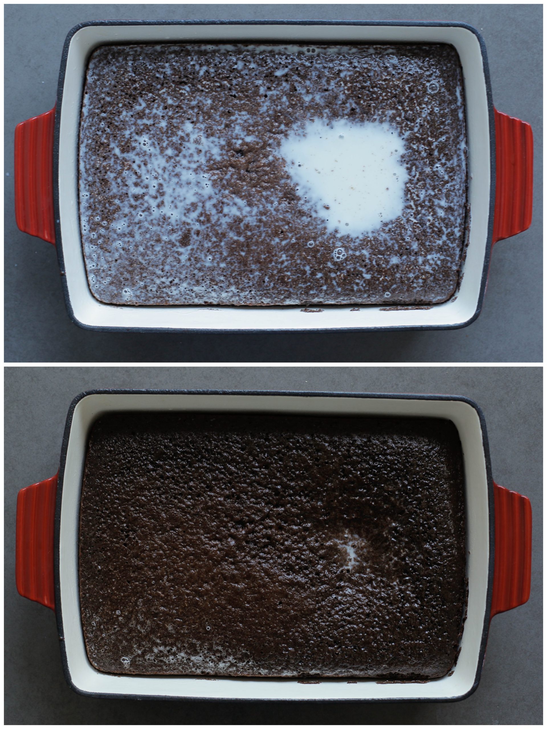 Zoete melk over de chocoladecake gieten