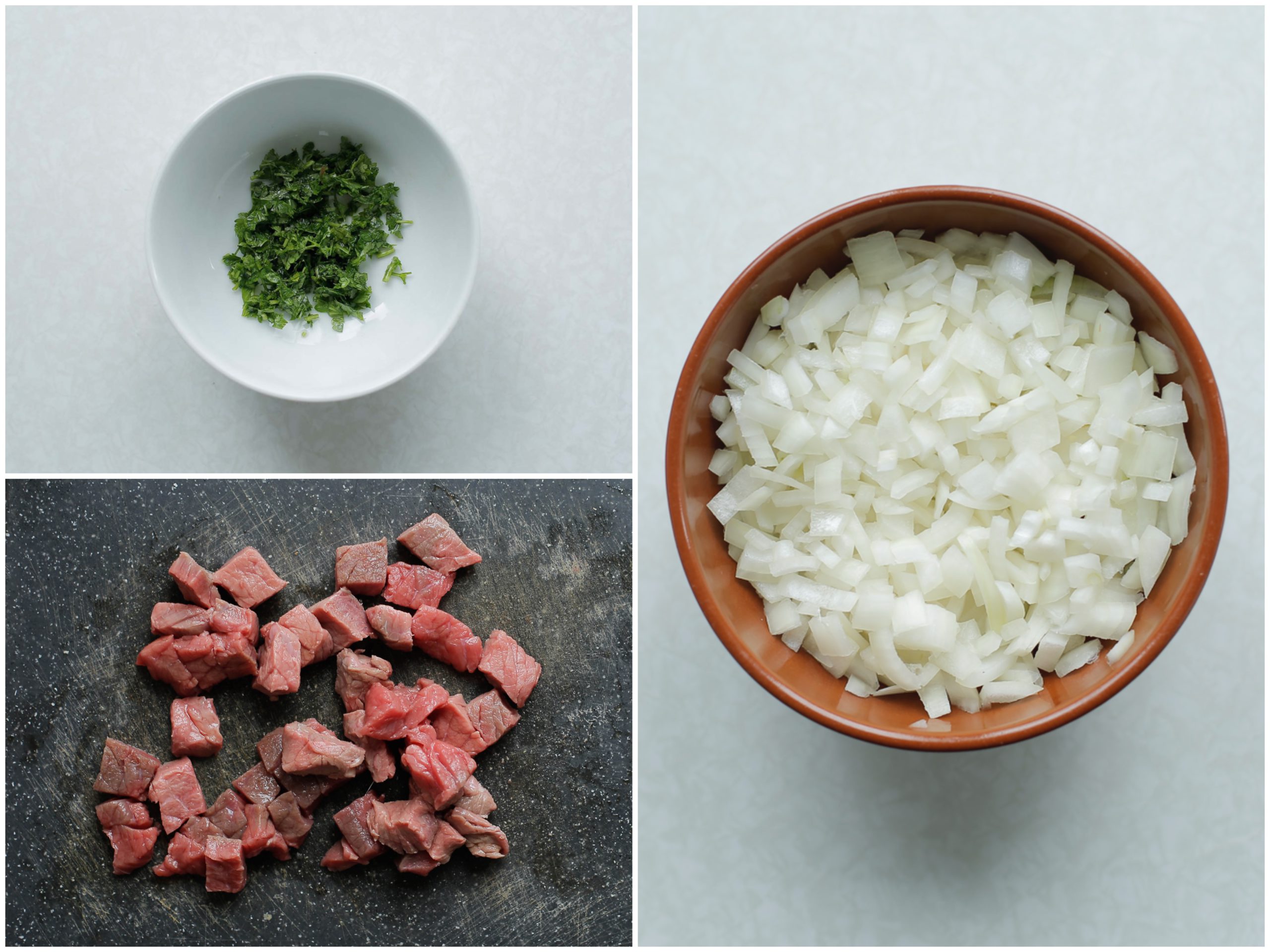 peterselie, gele ui en vlees