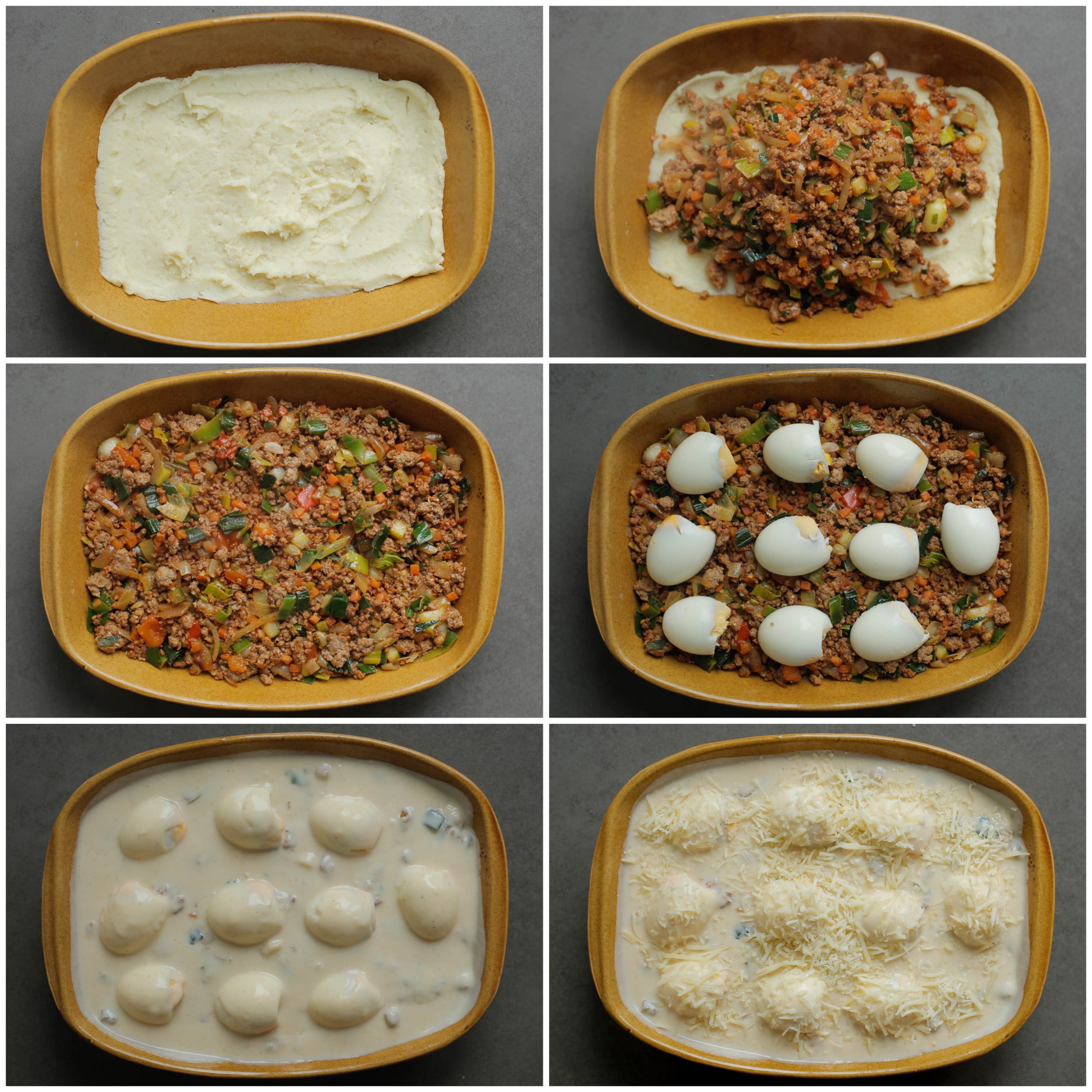 Aardappelmengsel, gehaktmengsel, halve eieren en bechamelsaus in ovenschaal