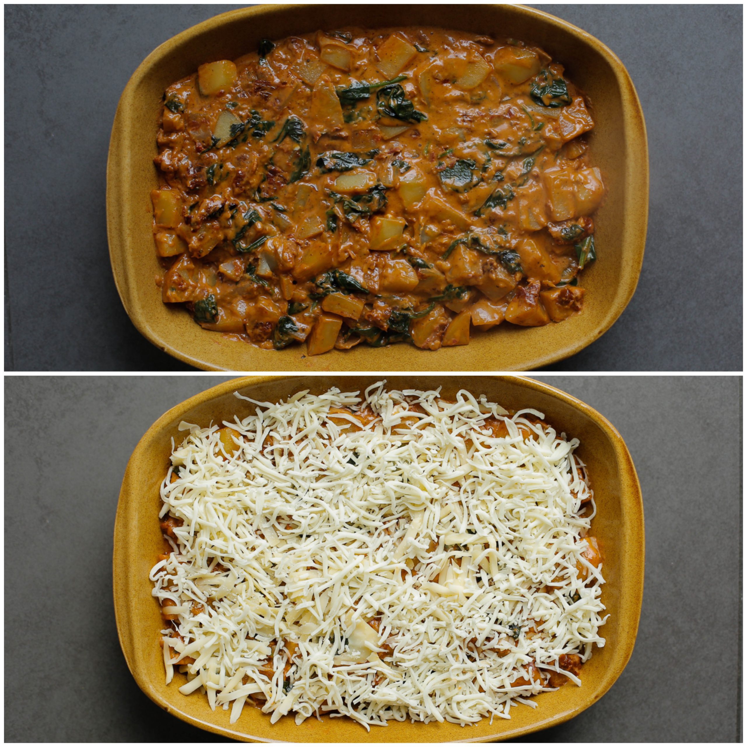 Aardappelmengsel verdelen over een ovenschaal samen met de geraspte kaas