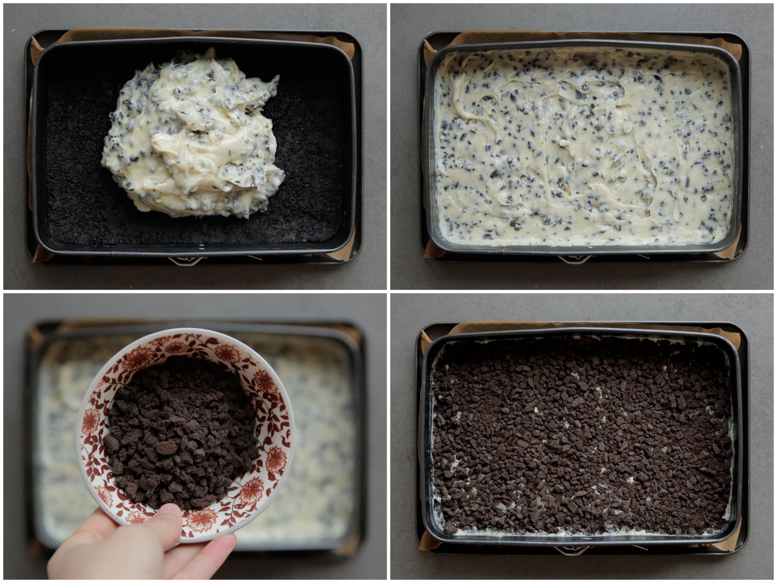 Bakvorm vullen met het roommengsel en oreokruimels