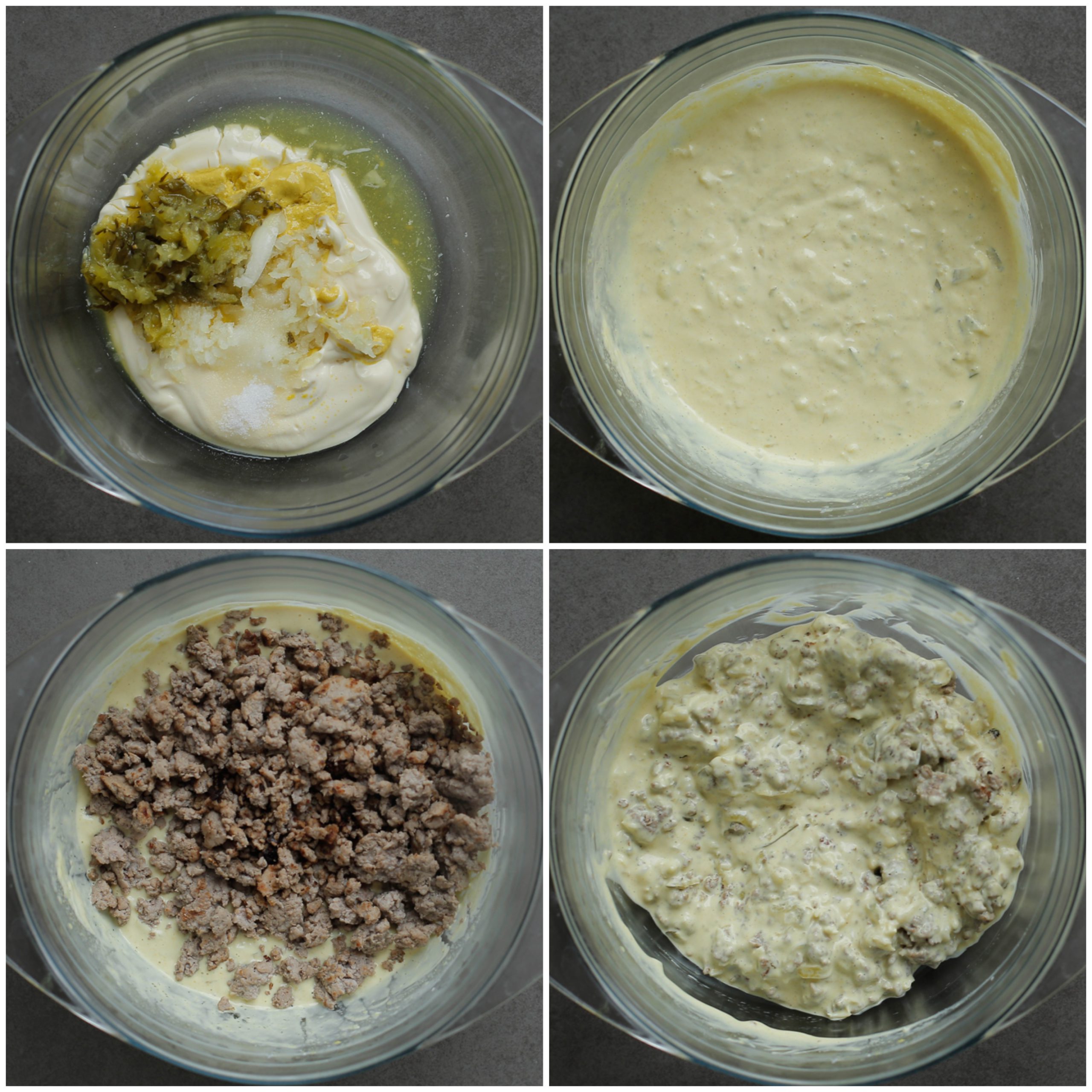 Big mac saus mengen met het gehakt in een diepe kom