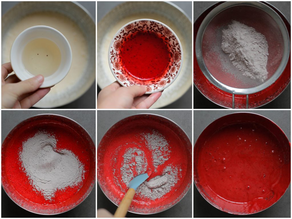 Voeg de zonnebloemolie en het melkmengsel toe. Mix een minuut. Zeef in drie delen het bloemmengsel bovenop het beslag. Roer niet, maar spatel de bloem door het beslag (8 beweging). Dit zorgt ervoor dat de structuur van de rolcake luchtig wordt.