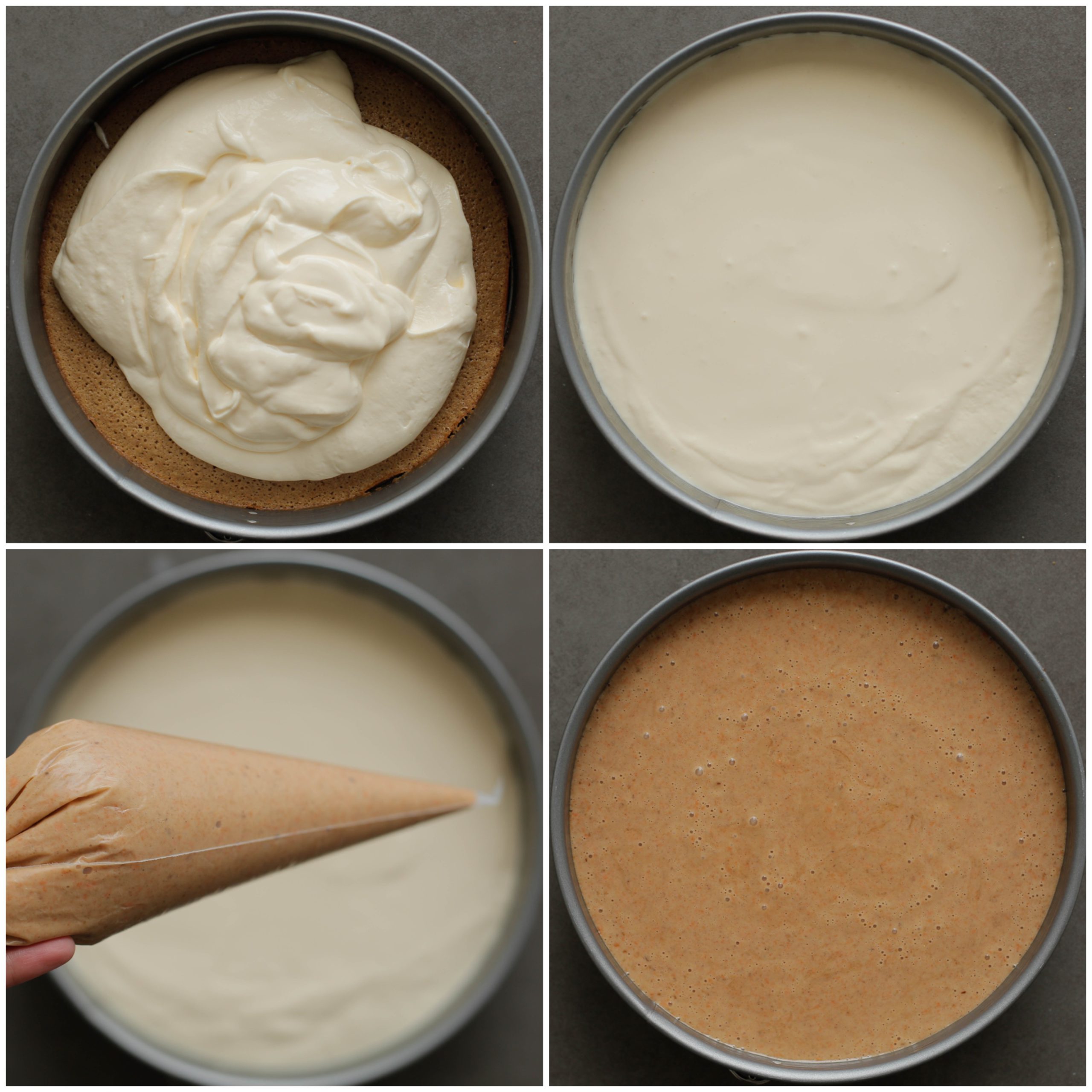 Cheesecakebeslag en cakebeslag toevoegen voor het bakken van de wortelcheesecake