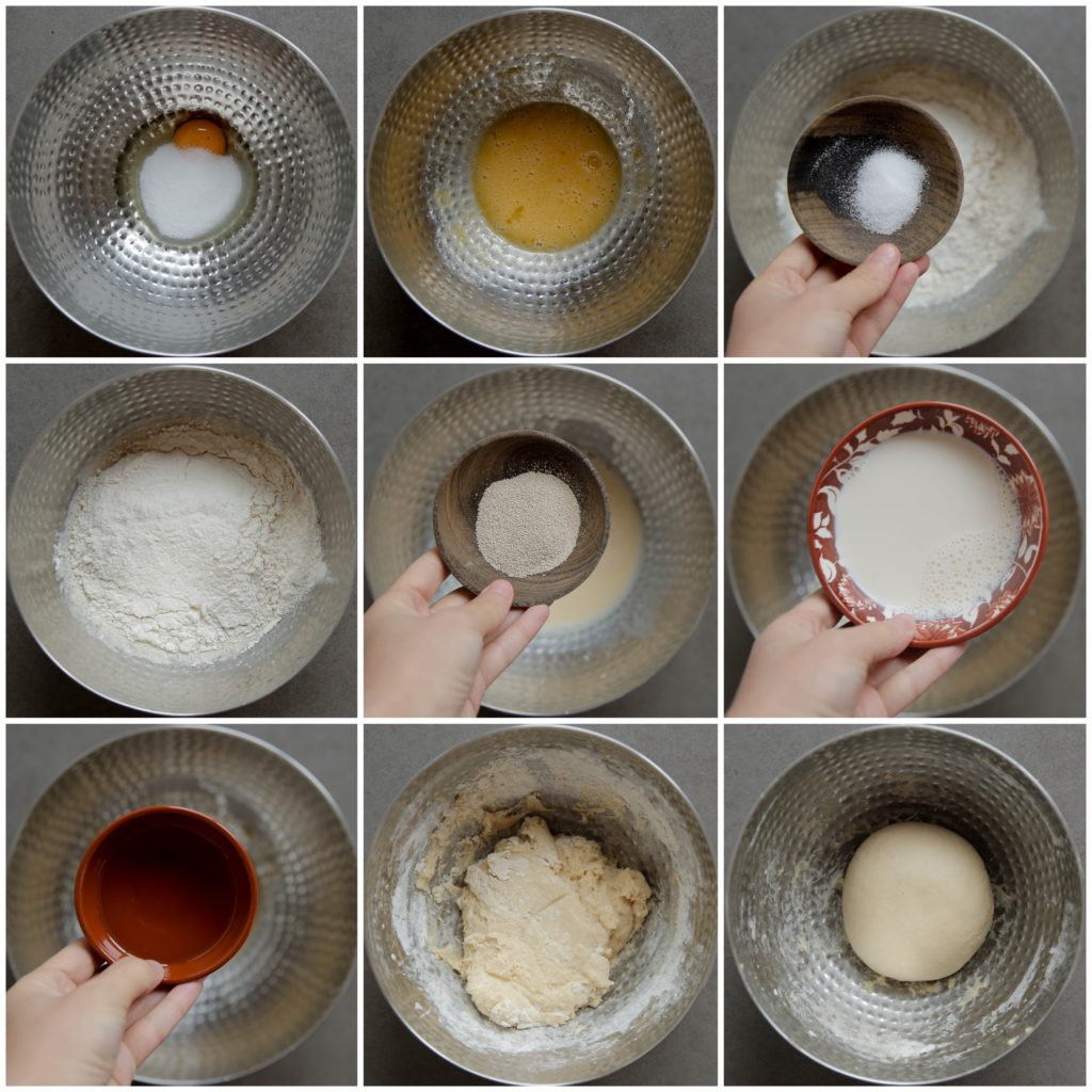 Doe het ei, de suiker en vanillesuiker in een kom. Mix 2 minuten. Voeg de lauwwarme melk, zonnebloemolie en gist toe. Mix een minuut. Voeg het zout en de bloem toe. Kneed 5 minuten tot een plakkerig deeg. Laat het deeg nu 5-10 minuten staan i.v.m. met het plakkerigheid. Kneed weer verder tot een samenhangend deeg, dit duurt ongeveer 10 minuten.