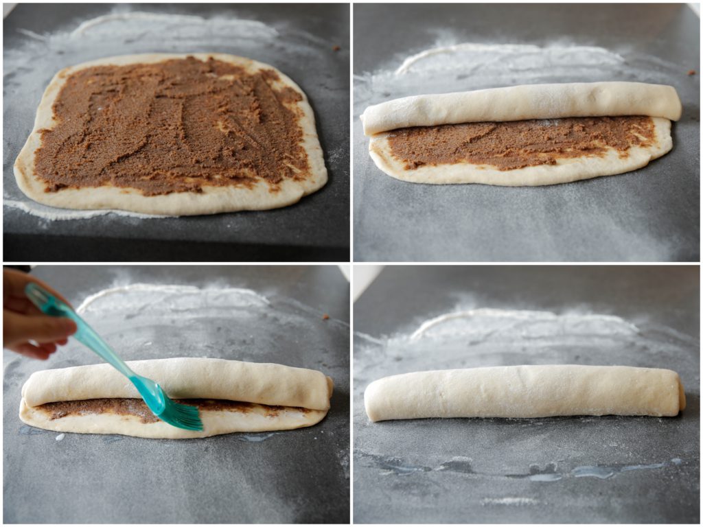 Smeer het speculaasmengsel over het deeg en laat de randen leeg. Rol het deeg naar binnen tot de rand. Neem een kwast en smeer het uiteinde in met melk. Rol dicht.