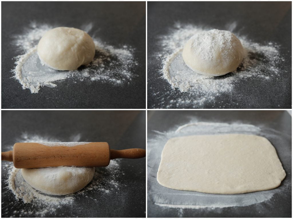 Stort het deeg op een bloem bestoven werkplek en rol deze uit tot een vierkante lap van 35 bij 40 cm met een dikte van ongeveer 1 cm.