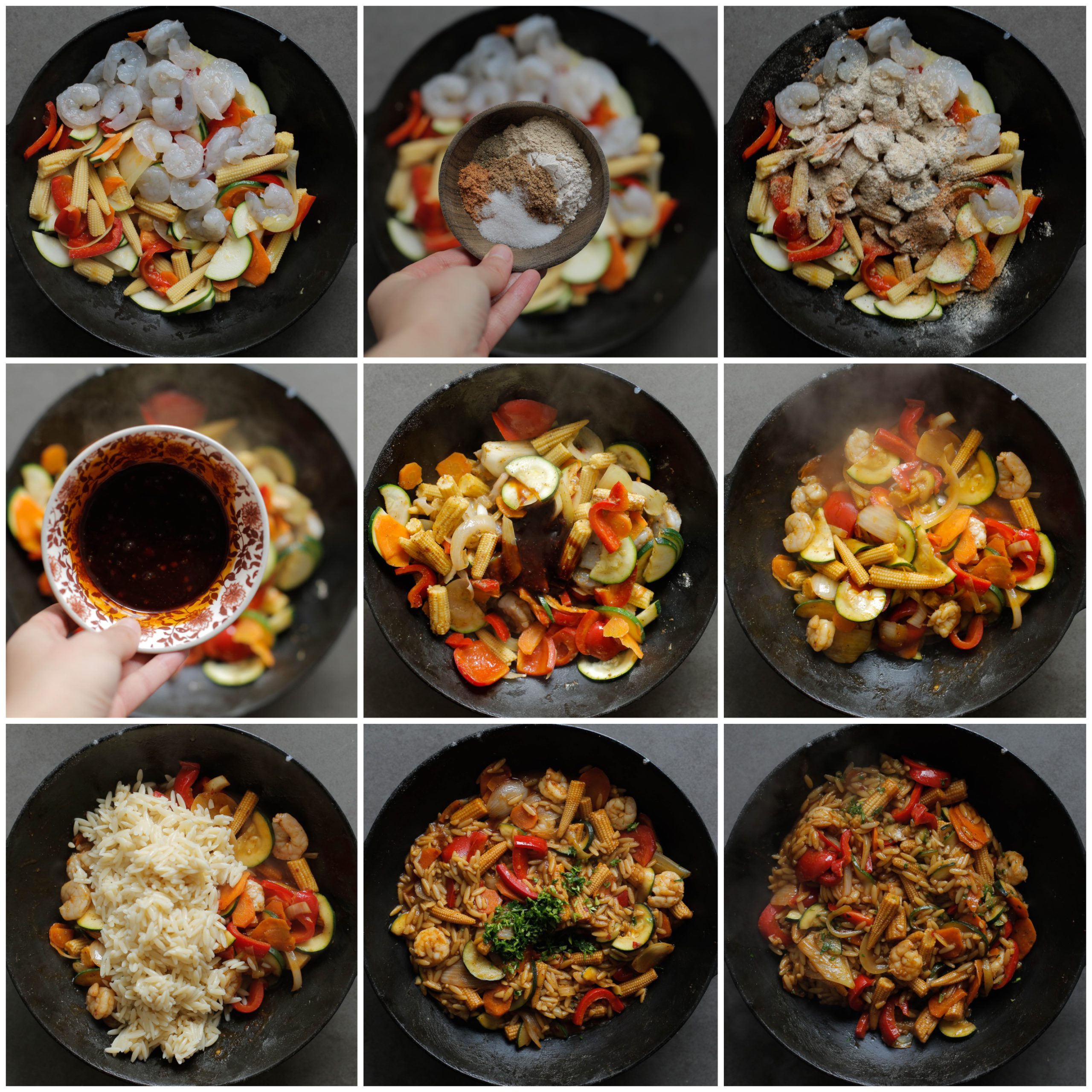 Garnalen roerbakken met saus en orzo