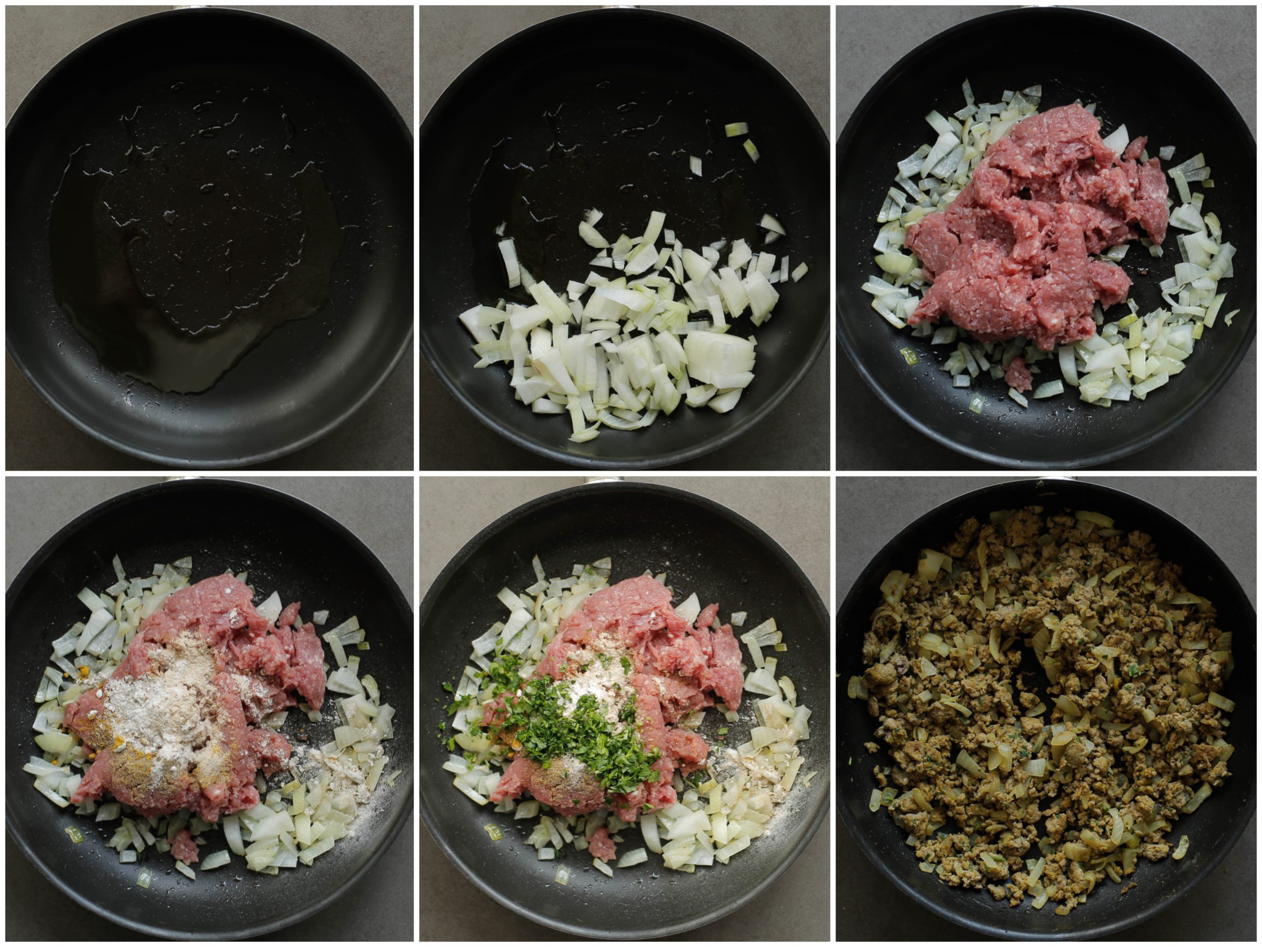 Gehakt gaar bakken met gele ui, kruiden en peterselie