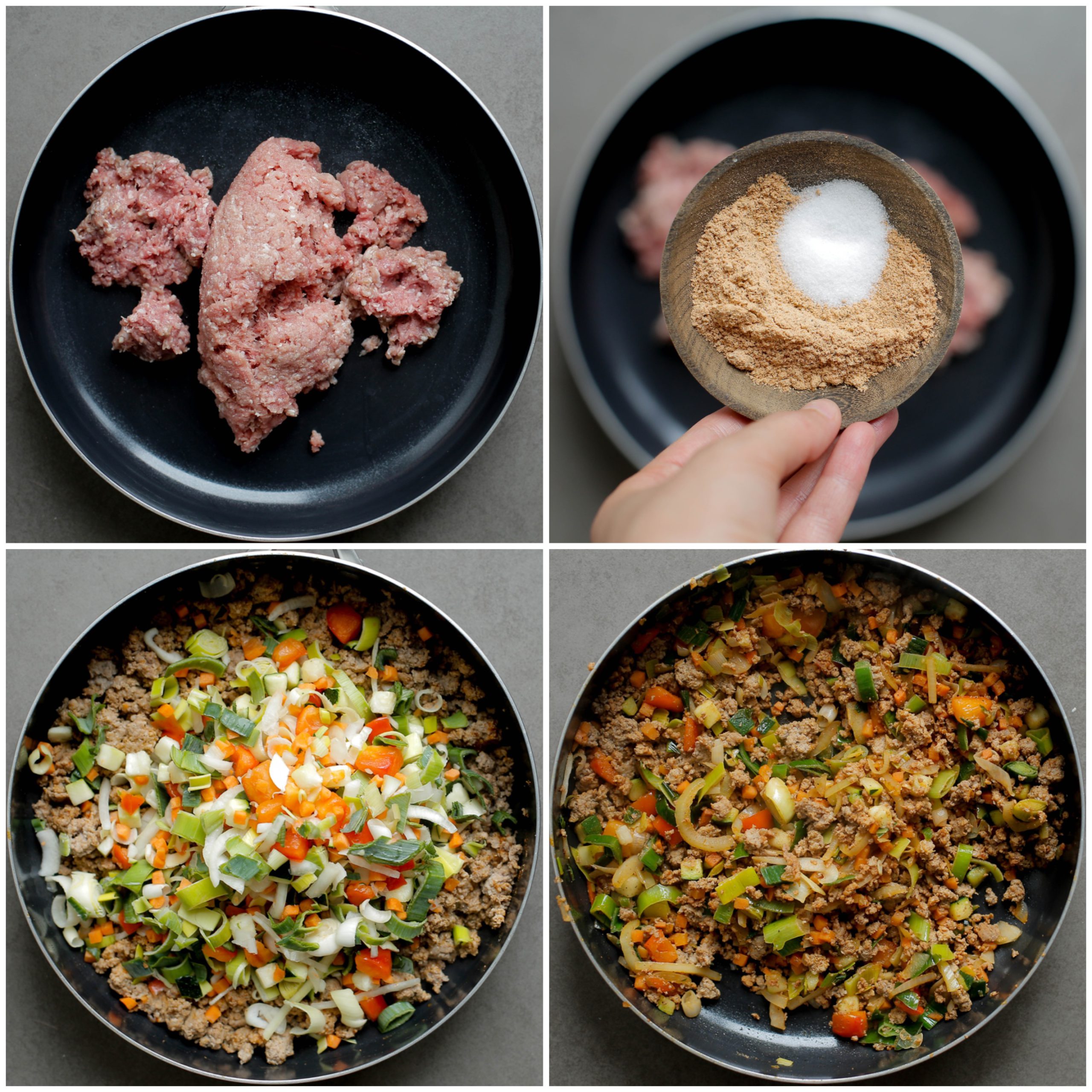 Gehakt rullen met groenten in een koekenpan