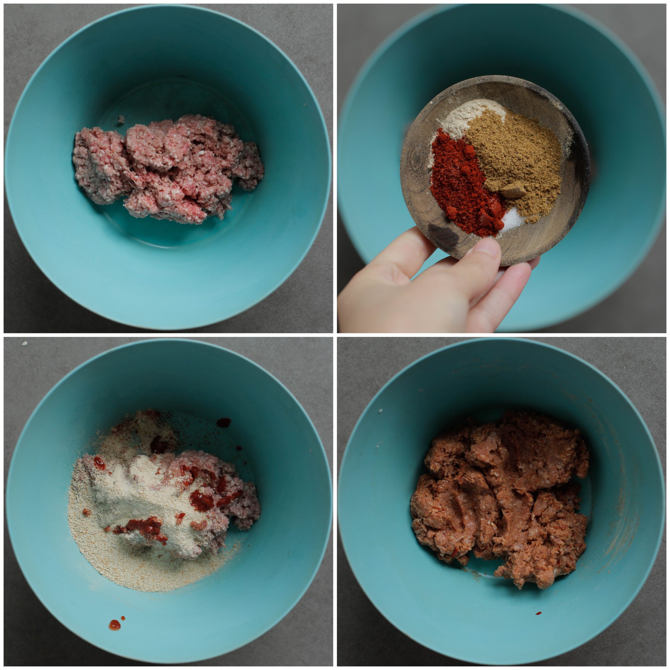 Gehaktmengsel mengen in een diepe kom voor de ei-gehaktwraps