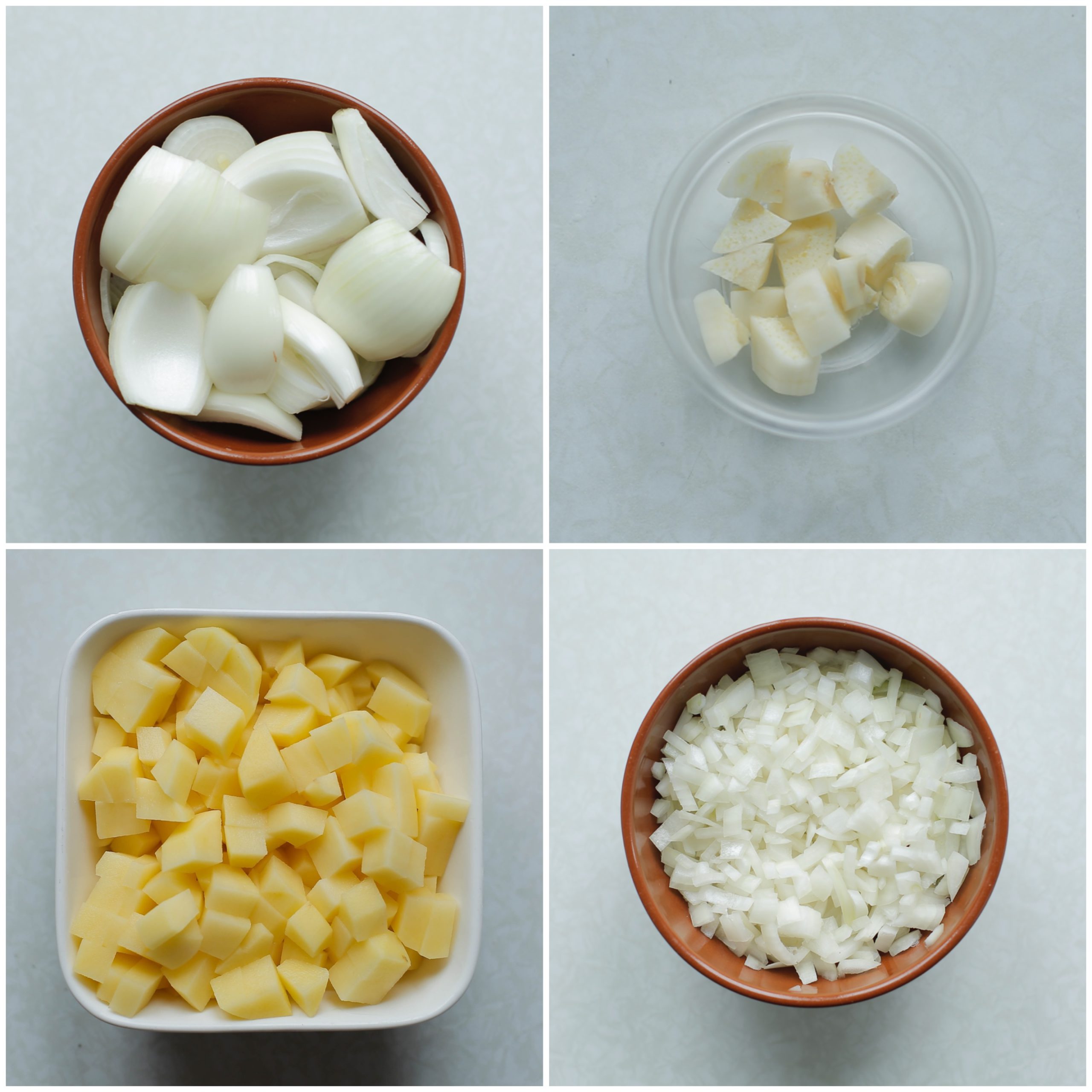 Gele ui, aardappel en knoflook in stukken gesneden