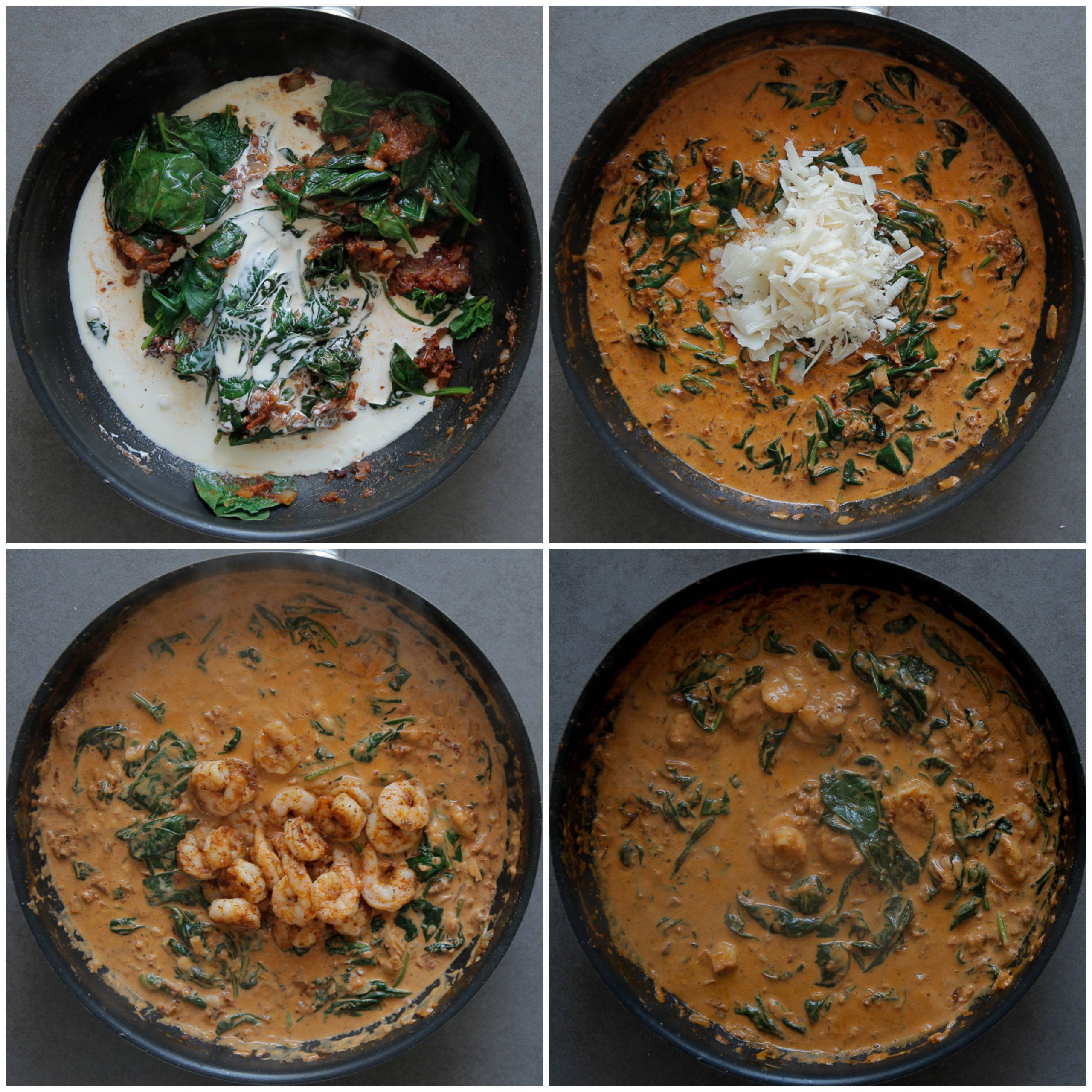 Groentemengsel koken met slagroom, kaas en garnalen in een koekenpan