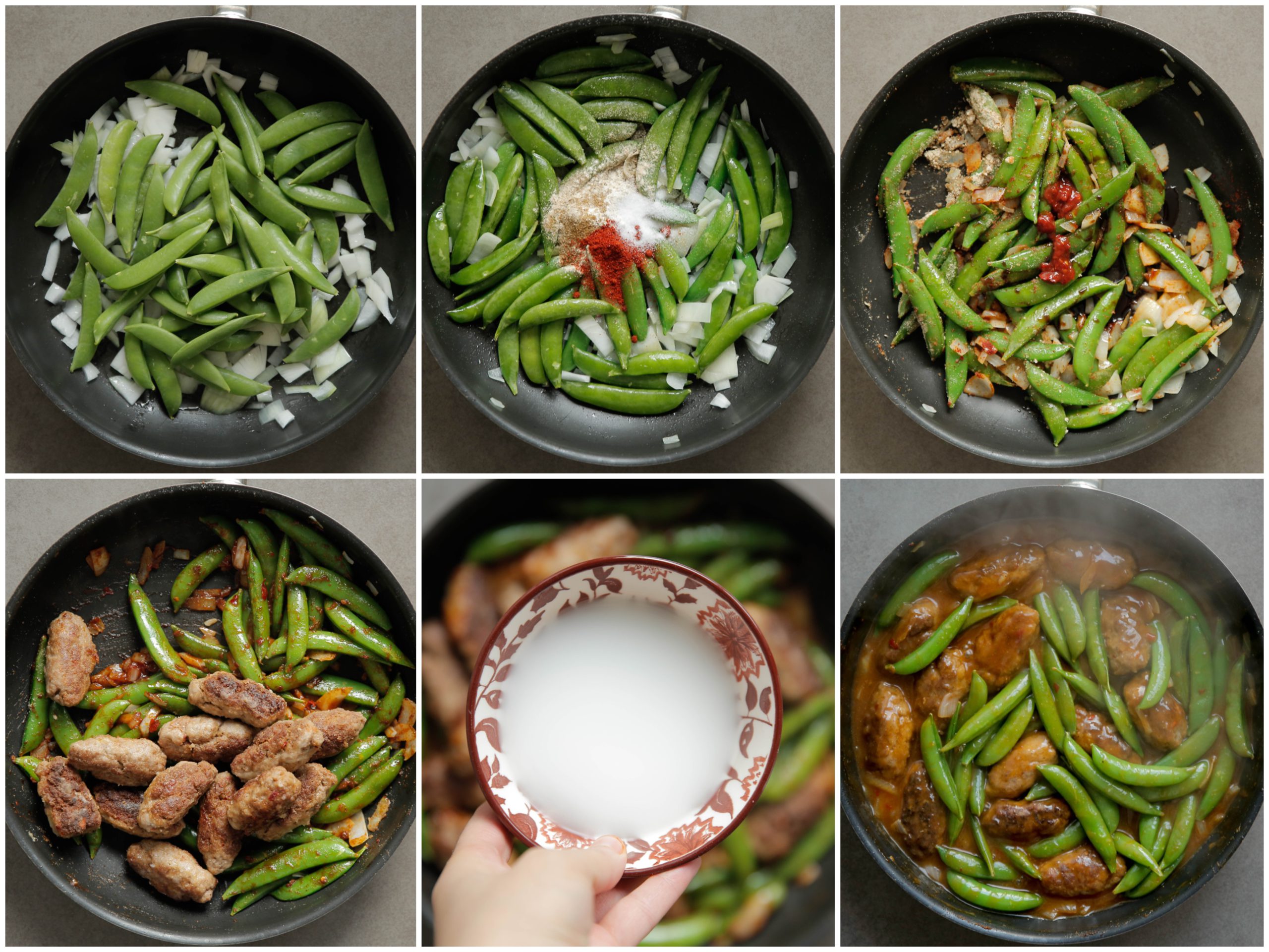 Groenten bakken samen met de gehaktstaven en maizenamengsel