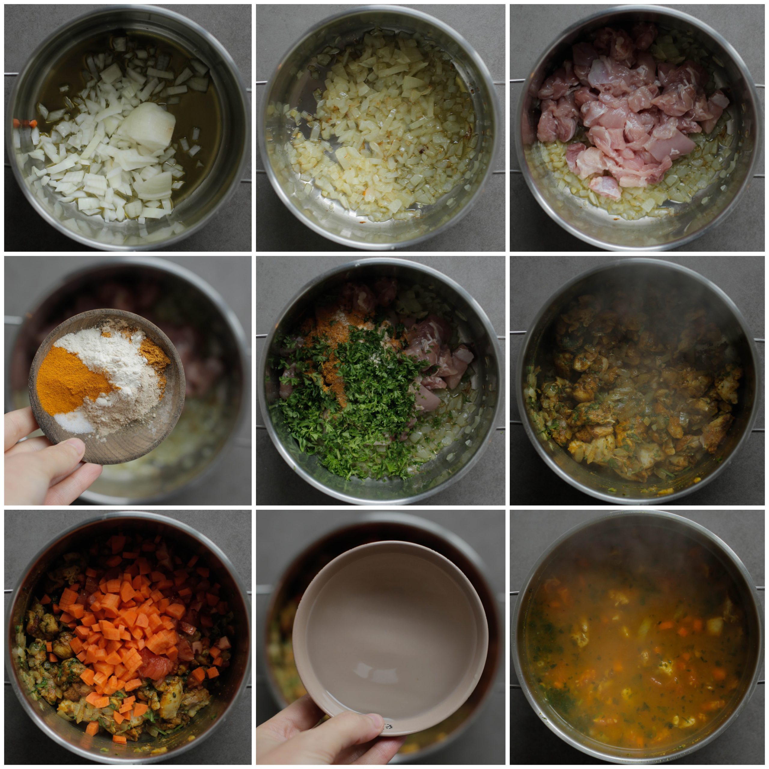 Groenten en kip bakken in een pan en daarna koken