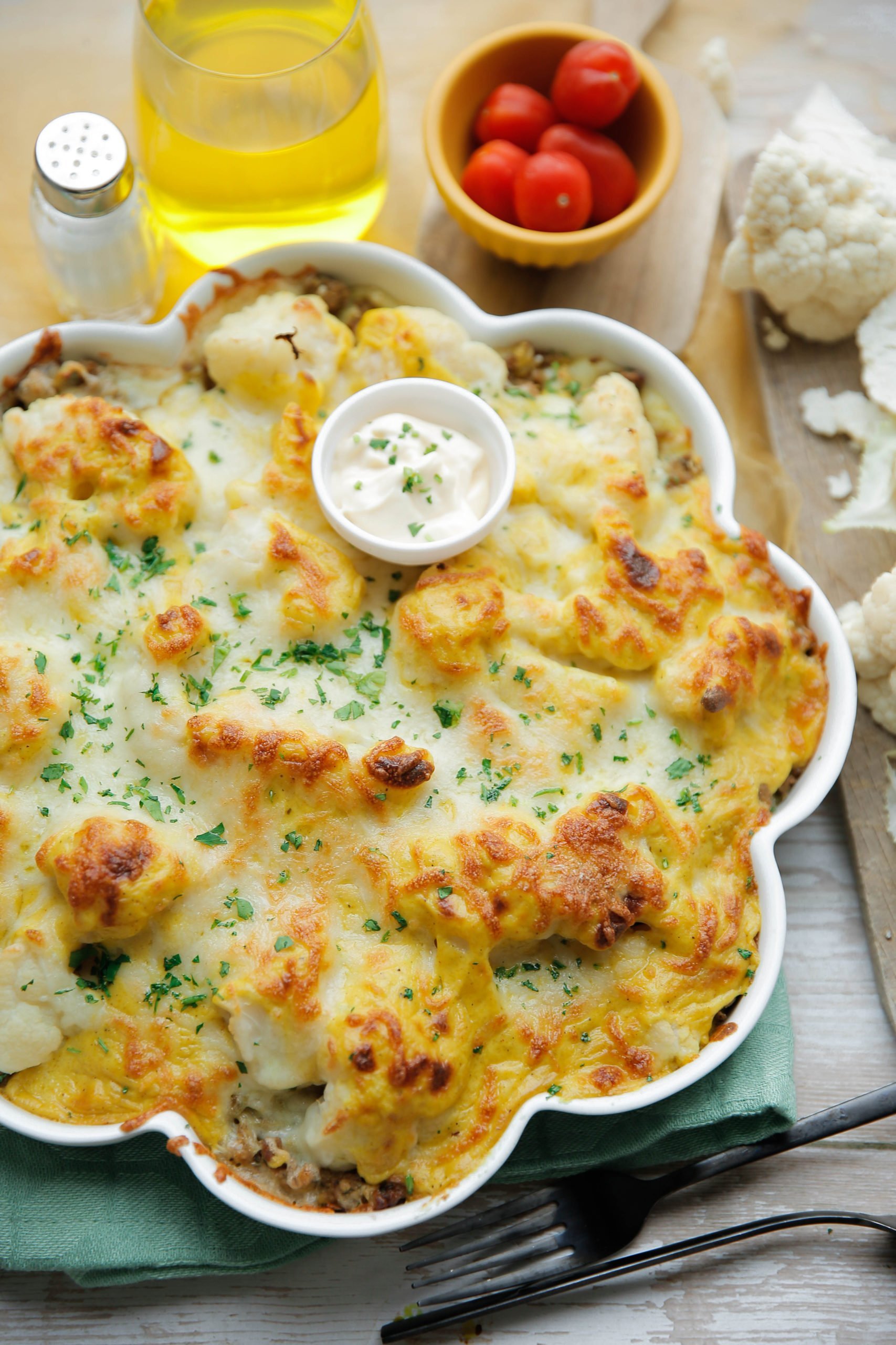 Bloemkool-kerrieschotel met gehakt eindresultaat