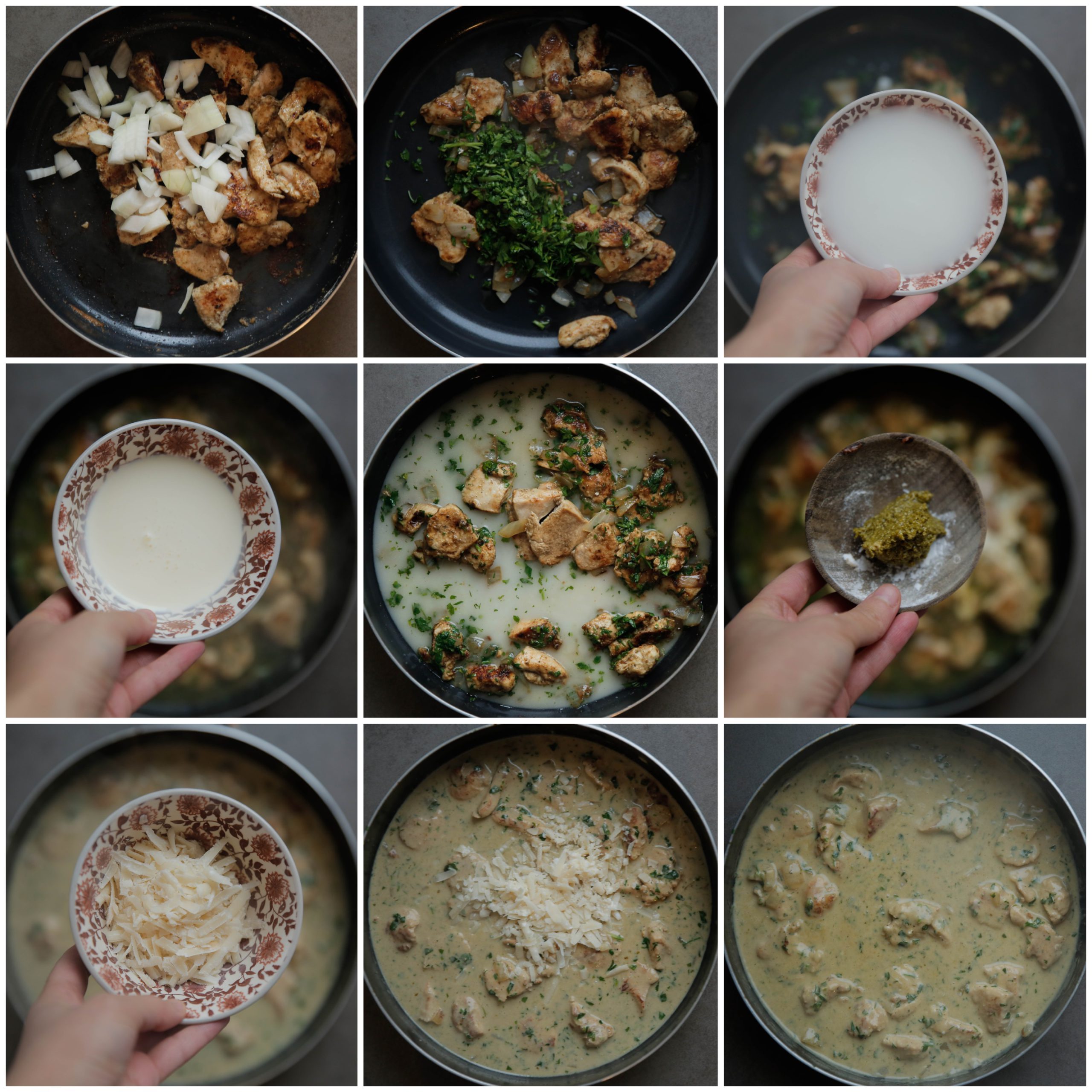 Kip bakken in een koekenpan met groenten in saus