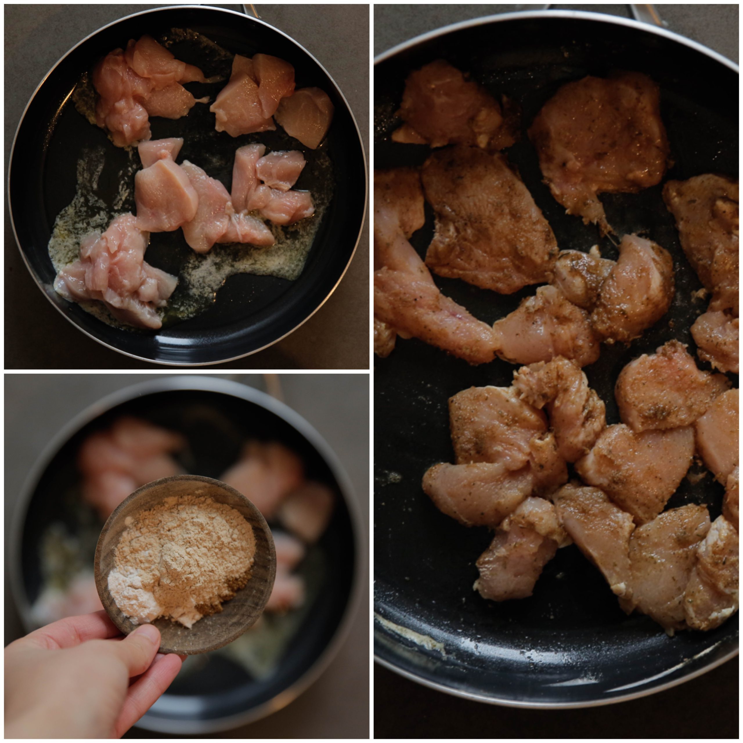 Kip bakken met kruiden in een koekenpan