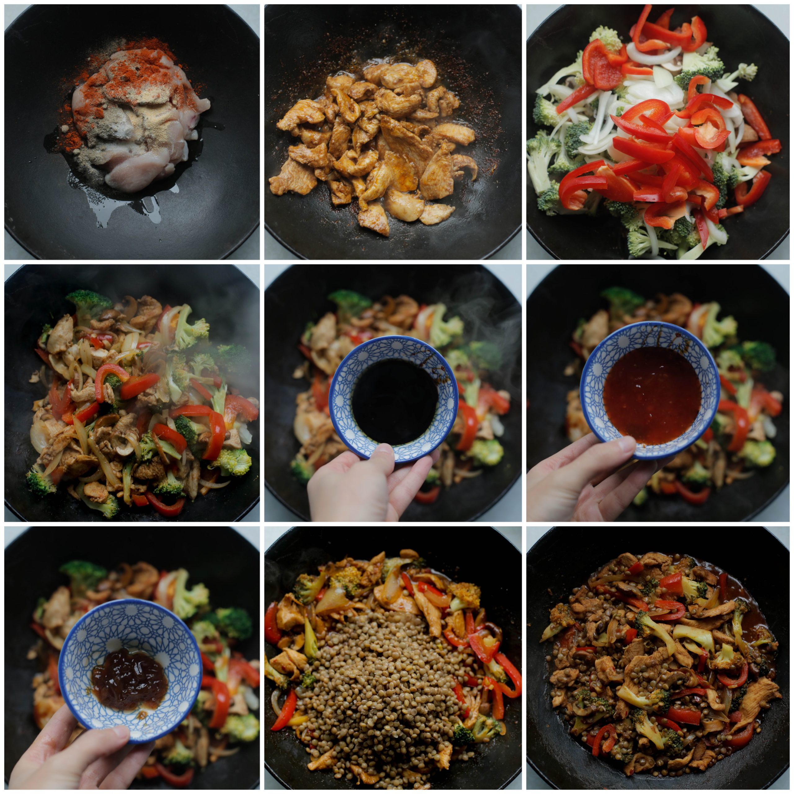 Kip en groenten bakken met saus en linzen