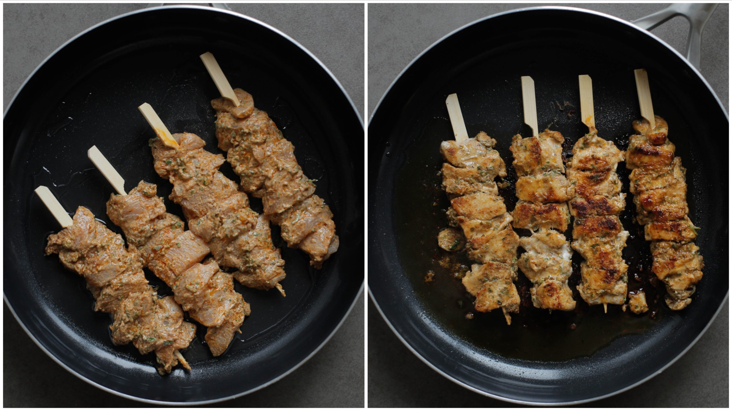 Kip souvlaki rondom gaar bakken in een koekenpan