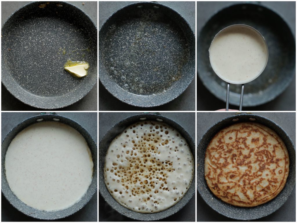 Smelt de roomboter in een pannetje op middelhoog vuur, mag ook iets lager zijn, maar niet hoger. Voeg het beslag toe (80 gram per pannenkoek). Bak de volkoren mkhanfer. Wanneer er luchtbubbels verschijnen, draai je de pannenkoek om. Bak de volkoren mkhanfer mooi goudbruin.