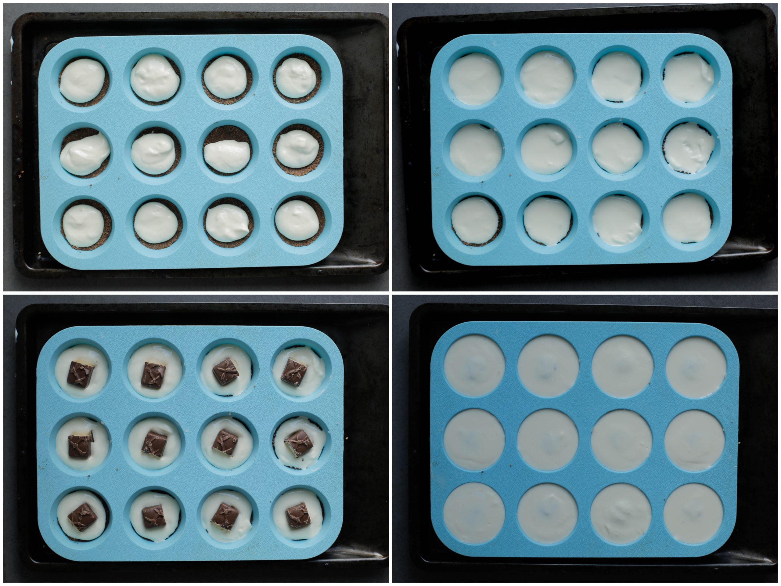 Muffin bakvorm vullen met het cheesecakebeslag en milkyway