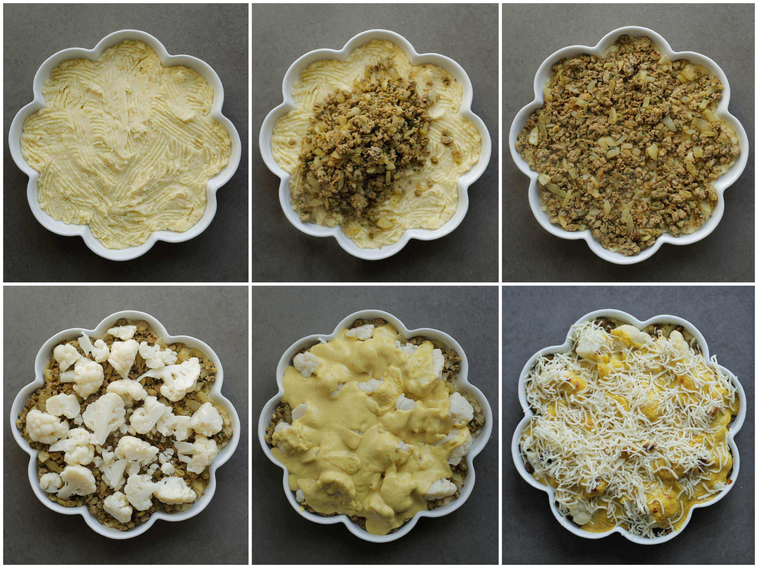 Ovenschaal vullen met het aardappel, bloemkool, gehakt, kerriesaus en geraspte kaas