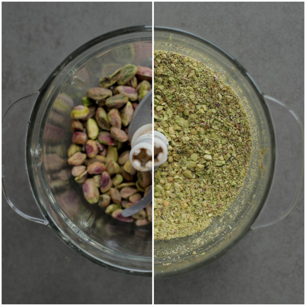 Doe de pistachenoten in een hakmolen en maal fijn.