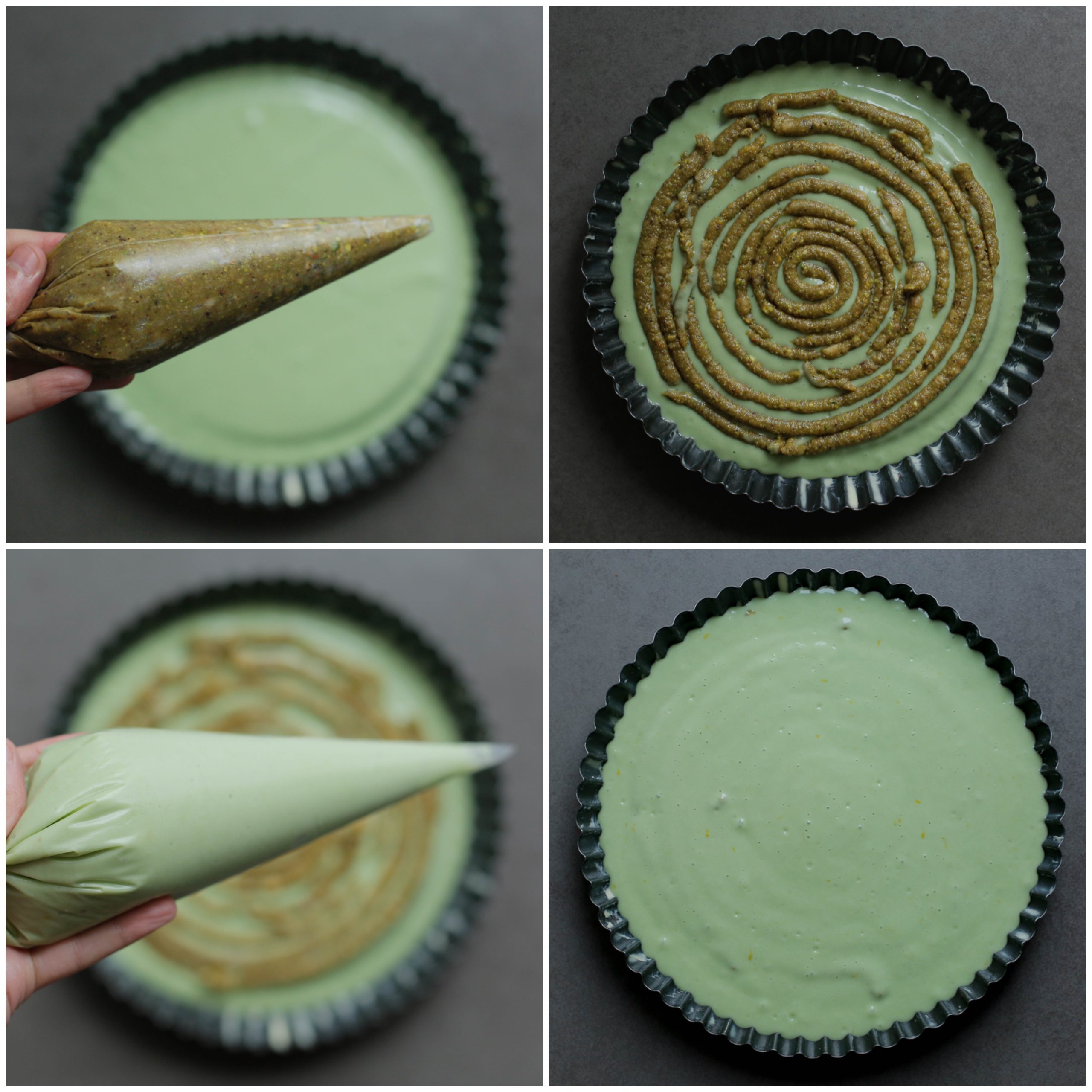 Pistachecakebeslag en vulling in een bakvorm