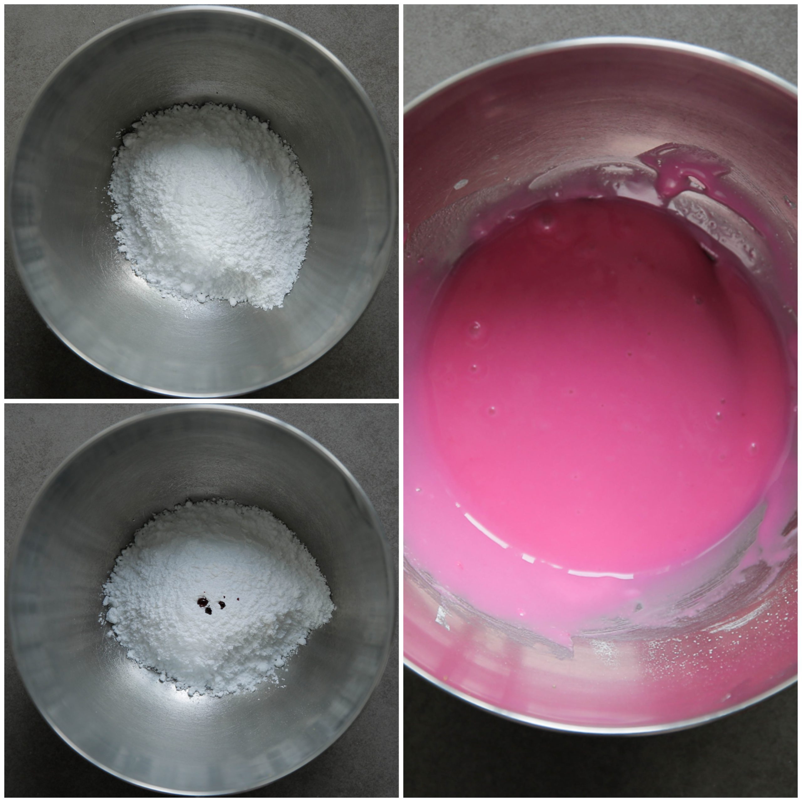 Poedersuiker, kleurstof en melk mengen tot een gladde massa