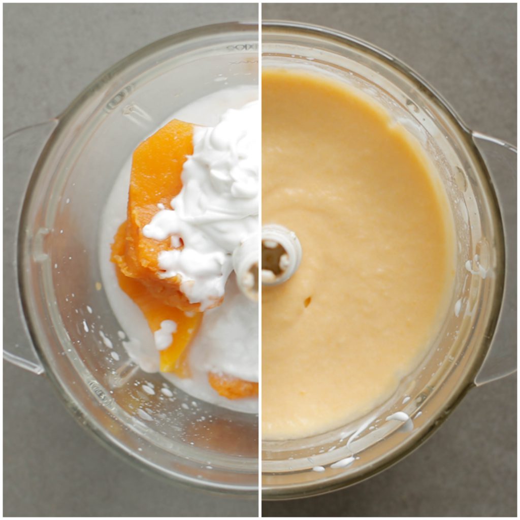 Doe de pompoen samen met de kokosmelk in een hakmolen. Mix tot een gladde massa.